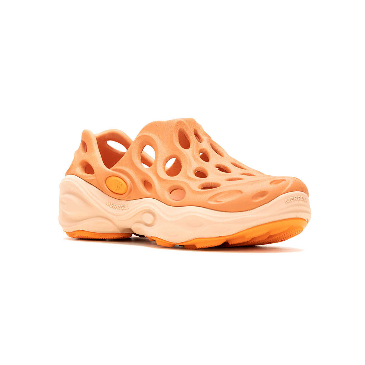 A single melon Merrell Hydro Next Gen Moc with multiple round cutouts and a thick, wavy sole, viewed from the side.
