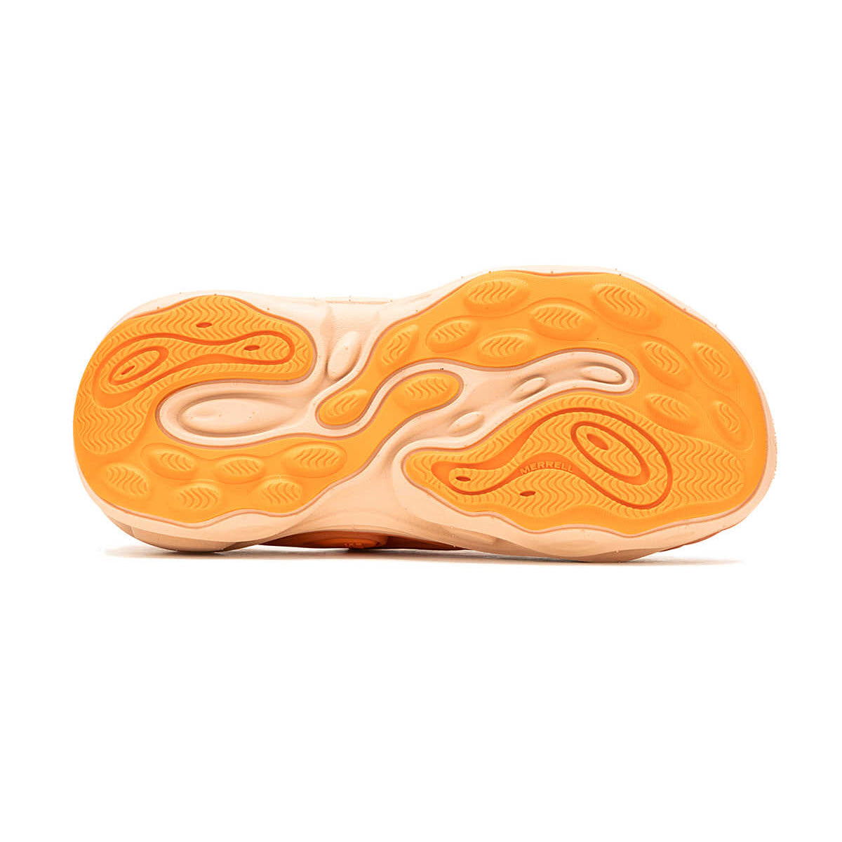 The image shows the orange sole of a Merrell hiking boot with a unique, wavy tread pattern, photographed against a white background.