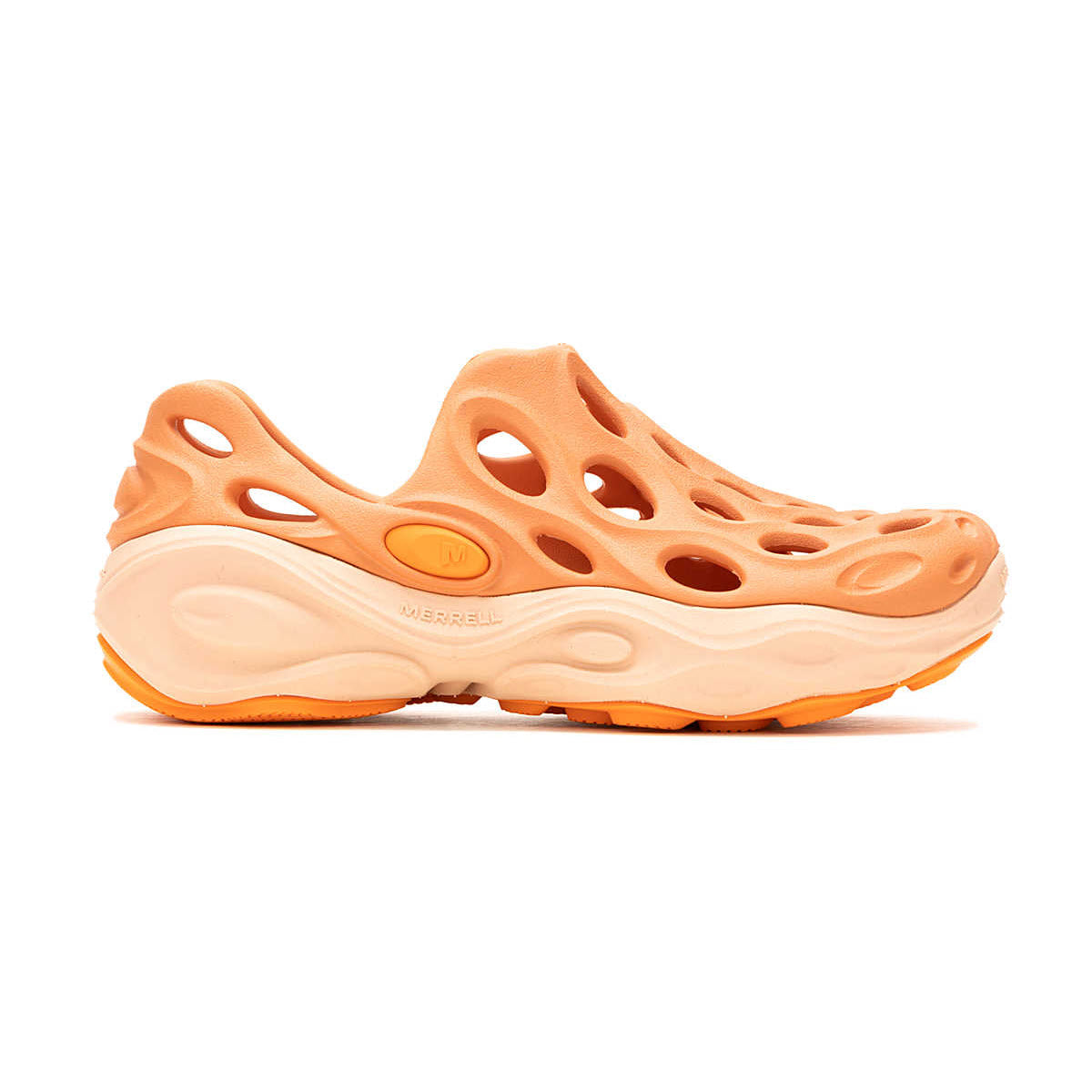 A side view of a single orange Merrell Hydro Next Gen shoe against a white background.