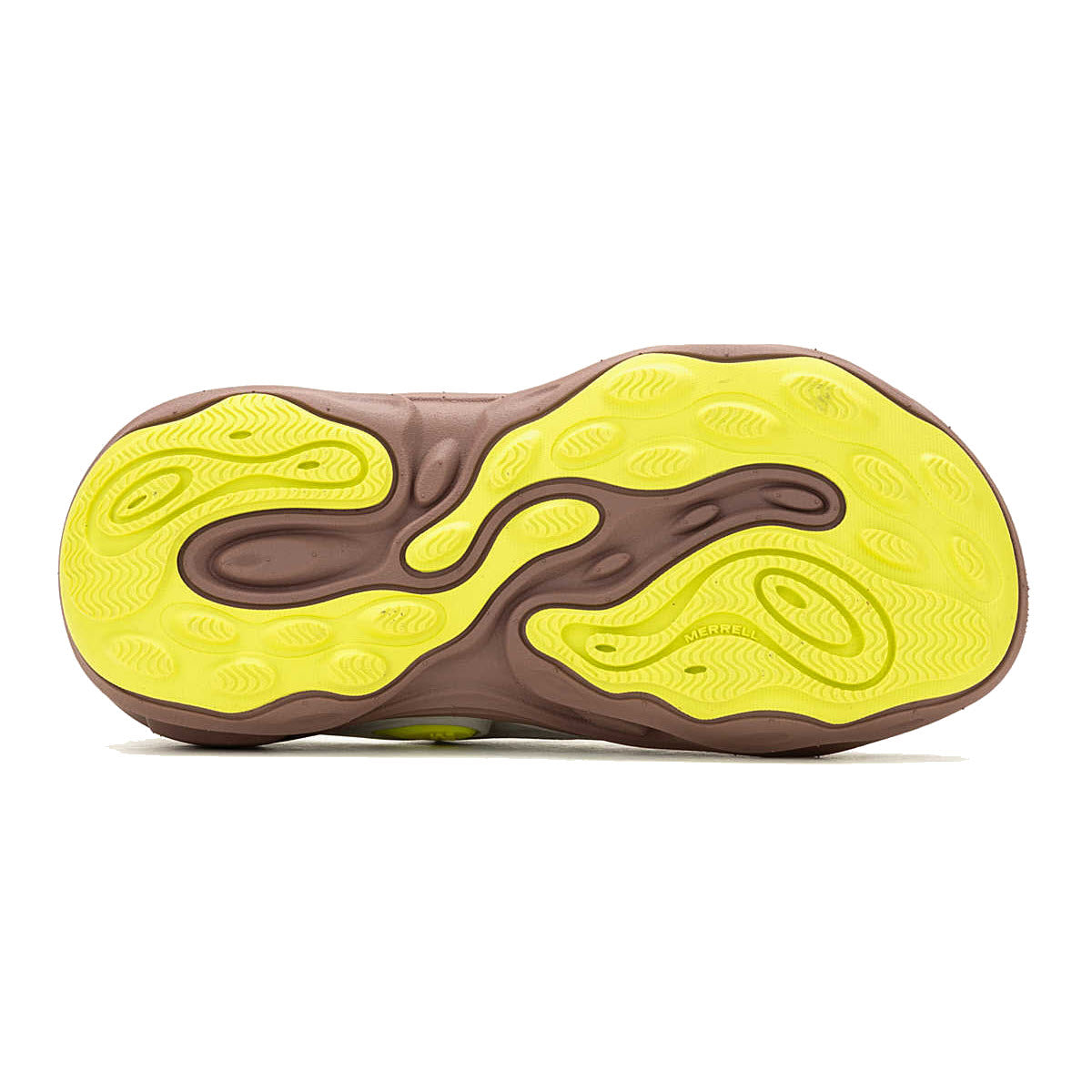 Sole of a Merrell hiking boot with a neon yellow and brown tread pattern on a white background.