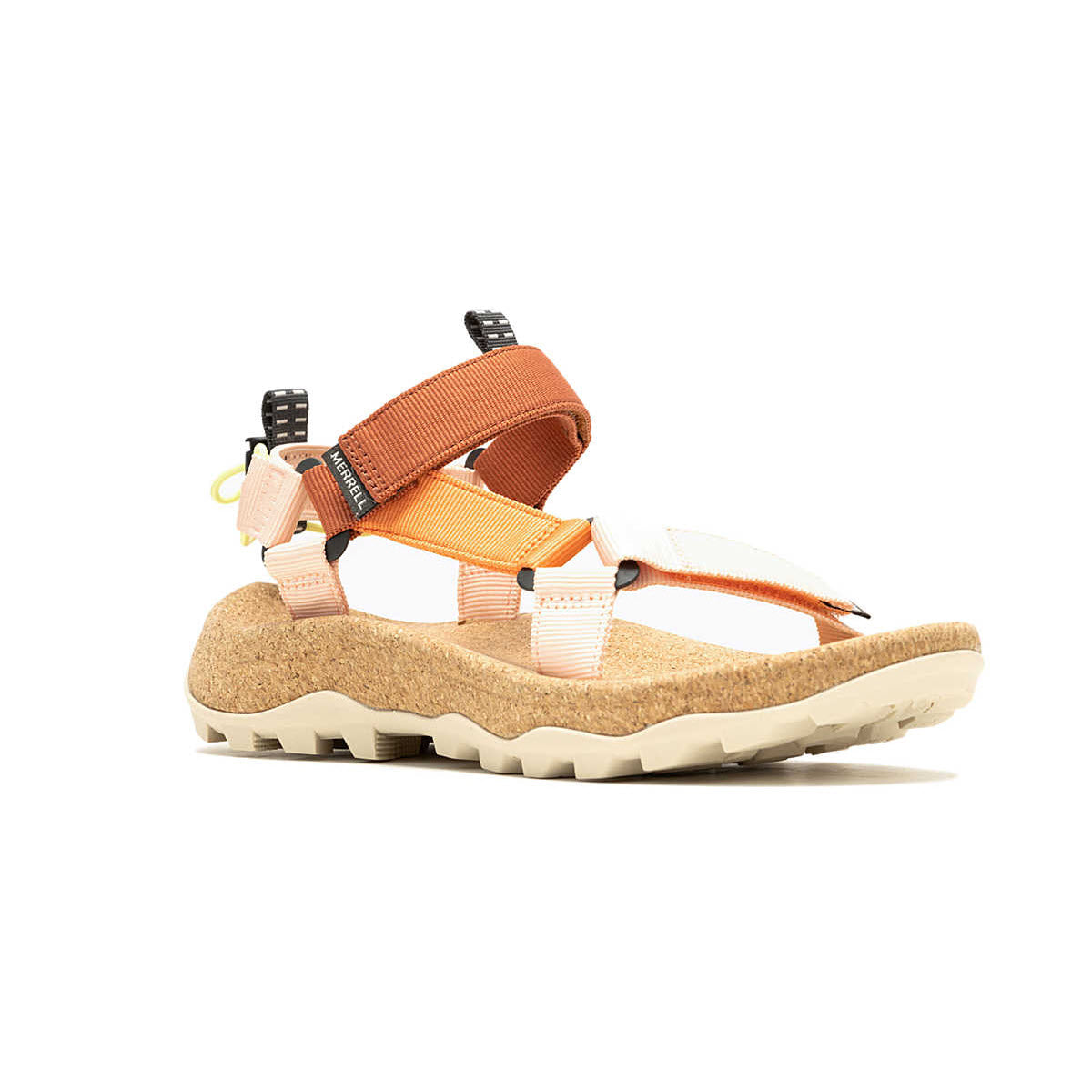 A single Merrell orange and white sandal with adjustable straps featuring hook and loop closure and a cork sole, displayed against a white background.