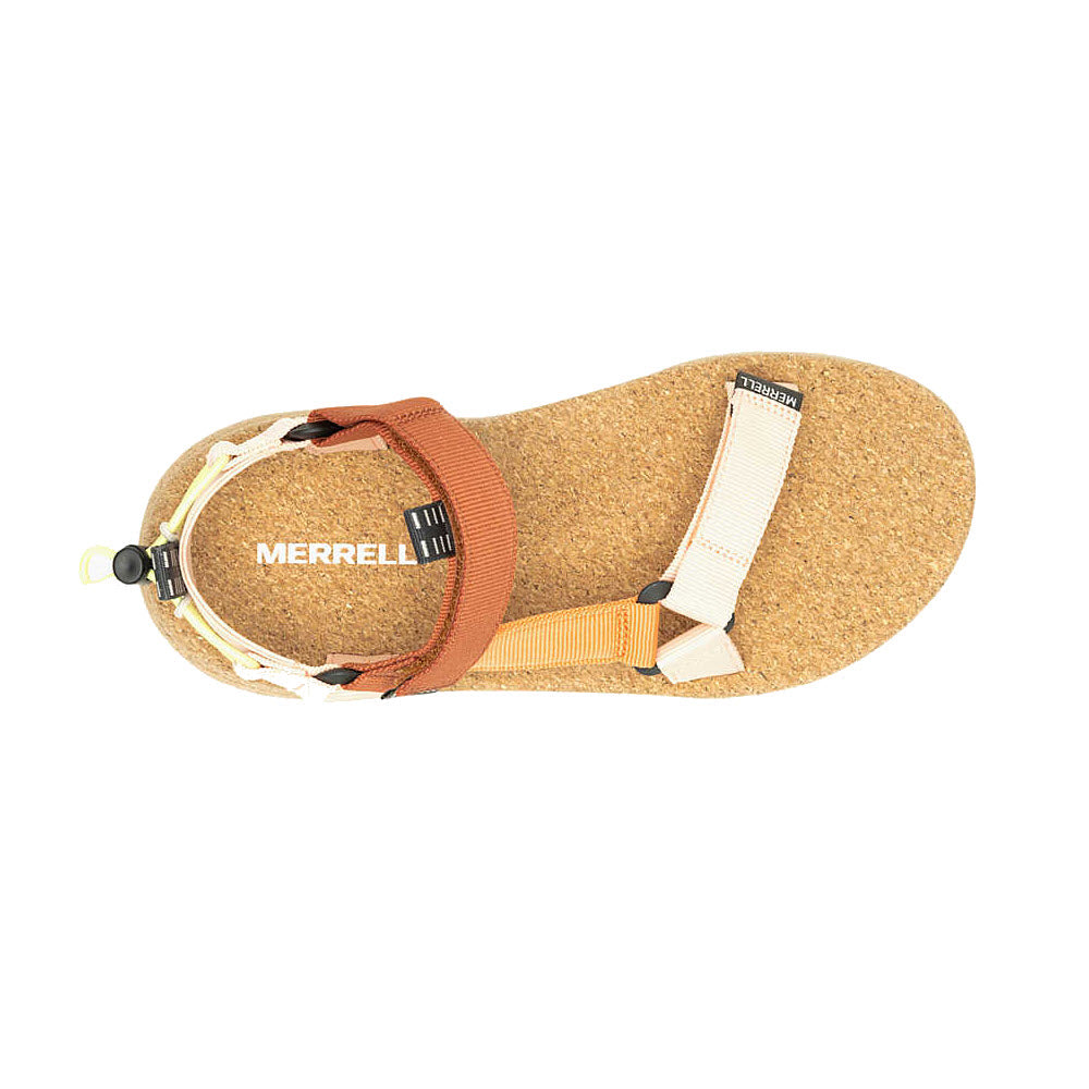 Top view of a single Merrell Speed Fusion Web Peach/Melon sandal with cork footbed and adjustable hook and loop closure over a white background.