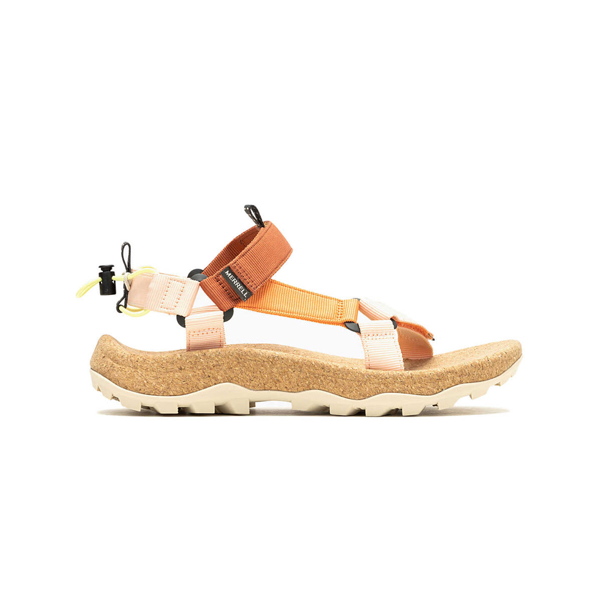 A single Merrell orange sport sandal with adjustable straps featuring a hook and loop closure and a chunky beige sole, displayed on a white background.