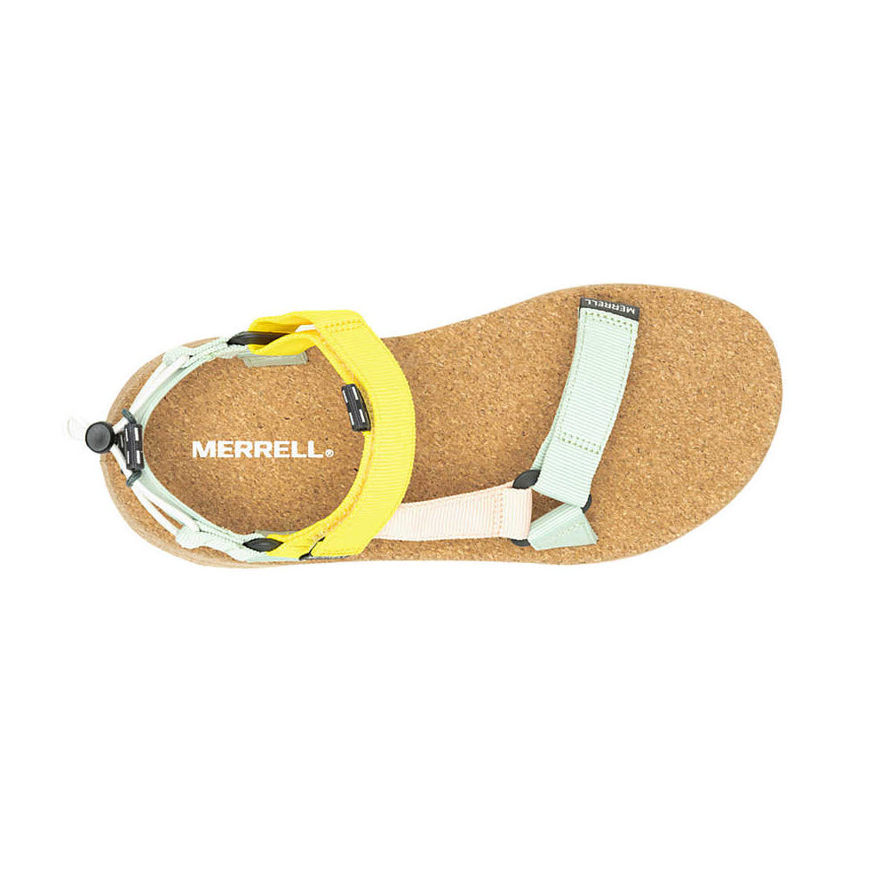 Top view of a single modern sporty Merrell sandal with yellow, white, and gray straps, displaying the Merrell logo on the footbed.