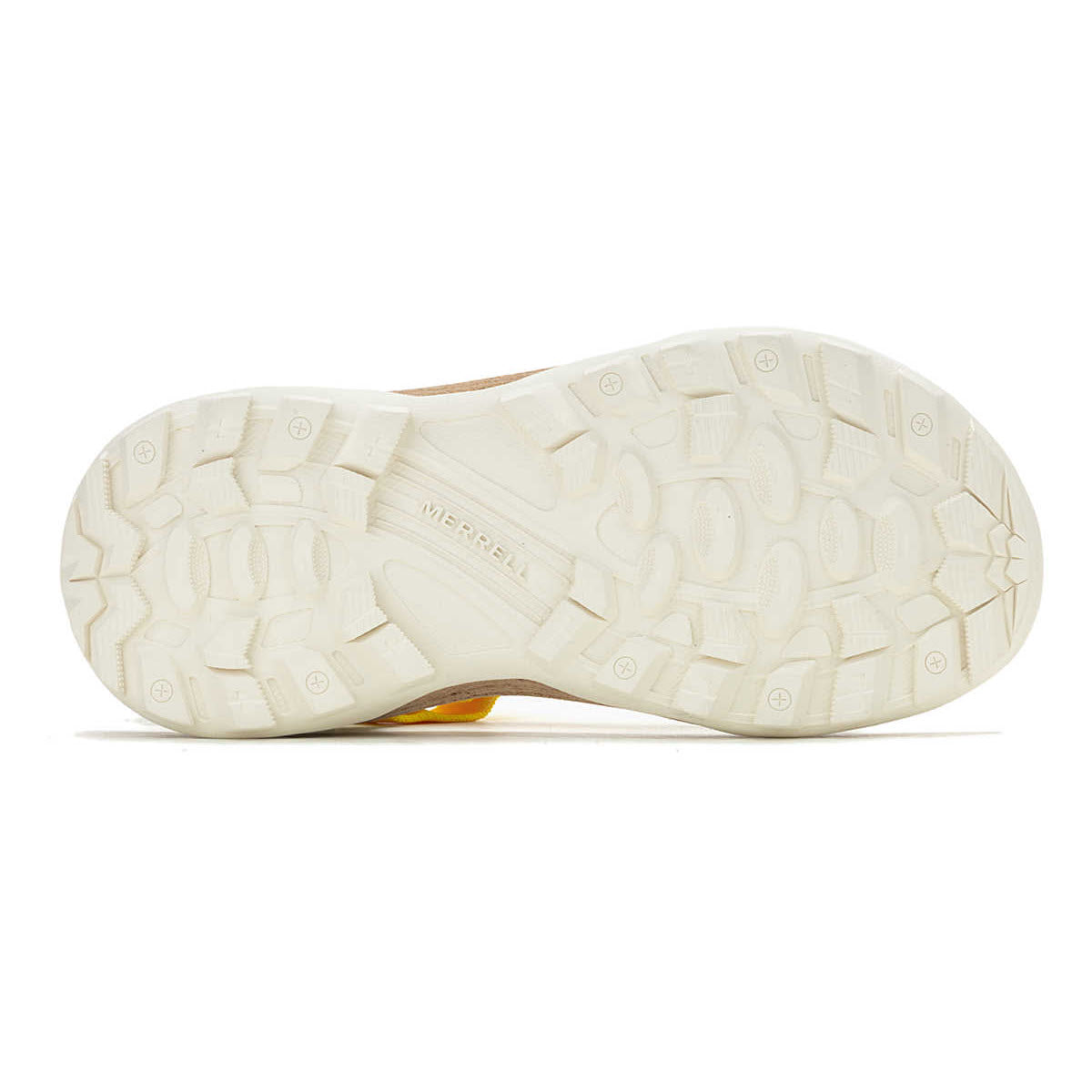 Sole of a Merrell sneaker showing the textured tread pattern and recycled laces.