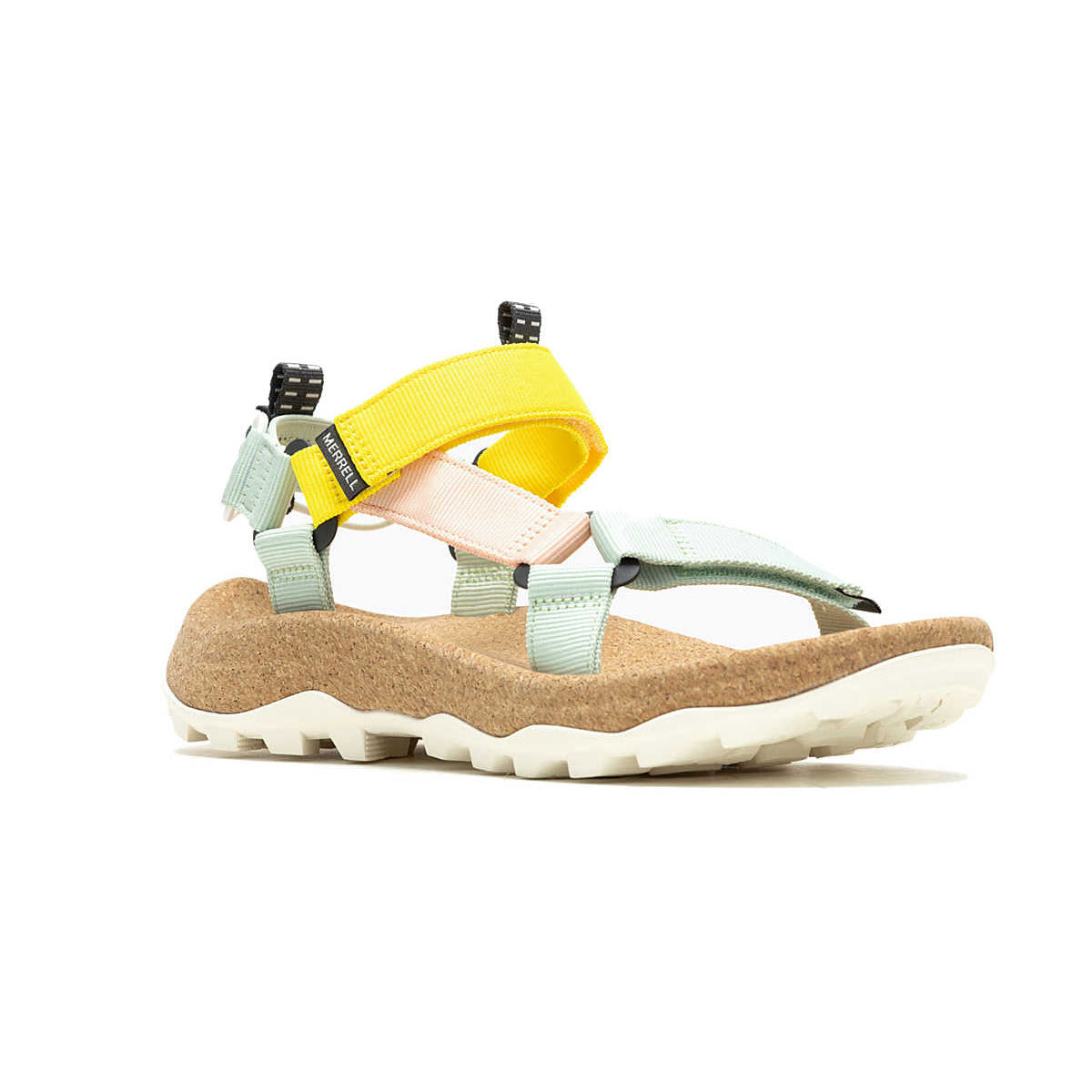 A colorful Merrell sandal featuring a cork footbed and multicolored straps in yellow, white, and mint green with a hook and loop closure, set against a white background.