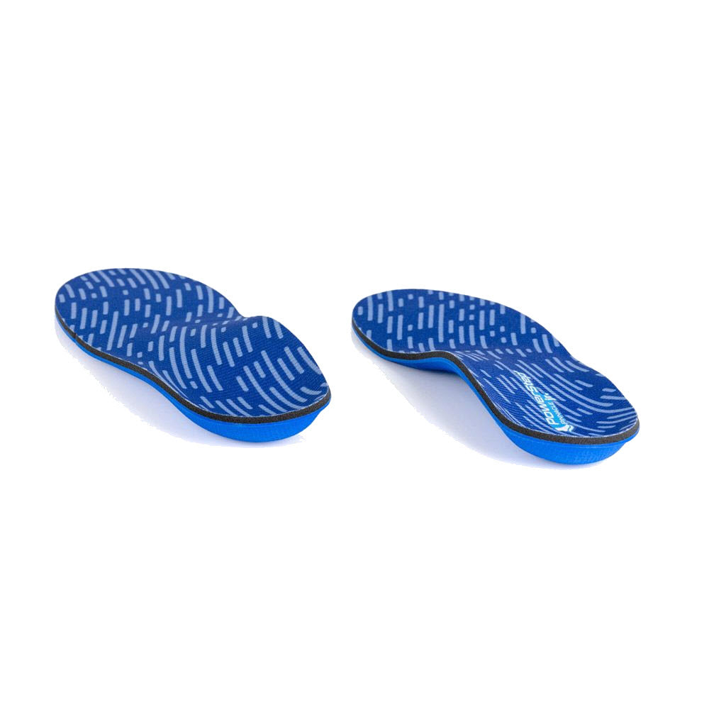 A pair of blue Powerstep Pinnacle Junior orthotic insoles with patterned treads isolated on a white background.