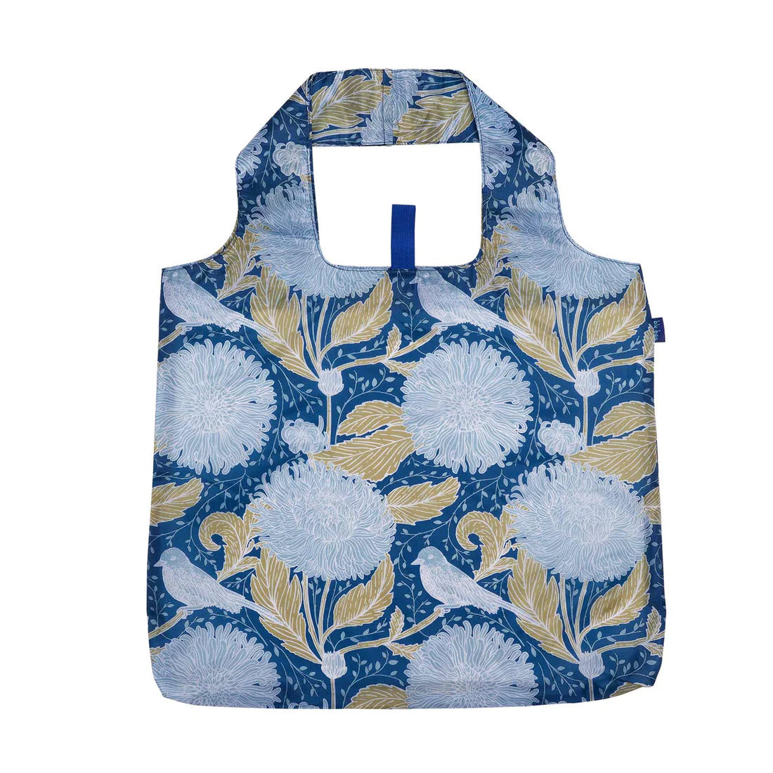 An eco-friendly BLU BAG CHRYSANTHEMUM by Rockflowerpaper featuring a blue and yellow floral design, displayed against a white background.