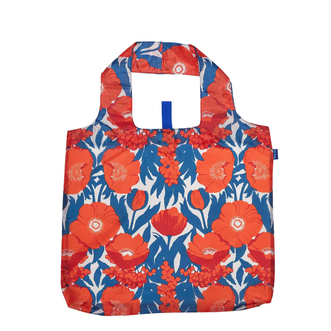 A BLU BAG ICELANDIC POPPIES from Rockflowerpaper featuring large red and blue poppies on an eco-friendly tote.
