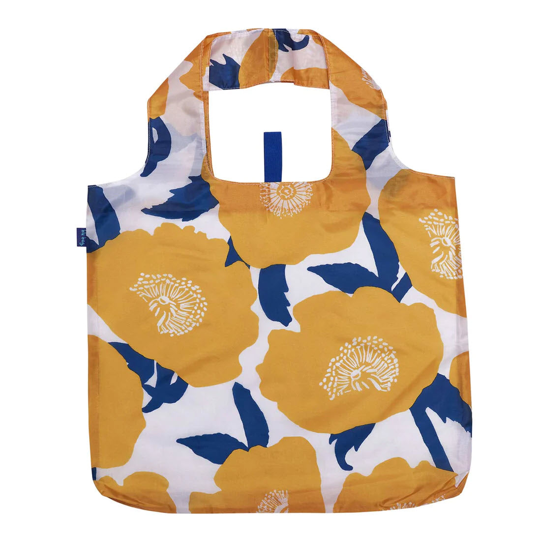 Packable spare bag with a floral pattern in yellow, blue, and white colors, displayed unfolded against a white background. Now introducing the BLU BAG POPPIES by Rockflowerpaper.