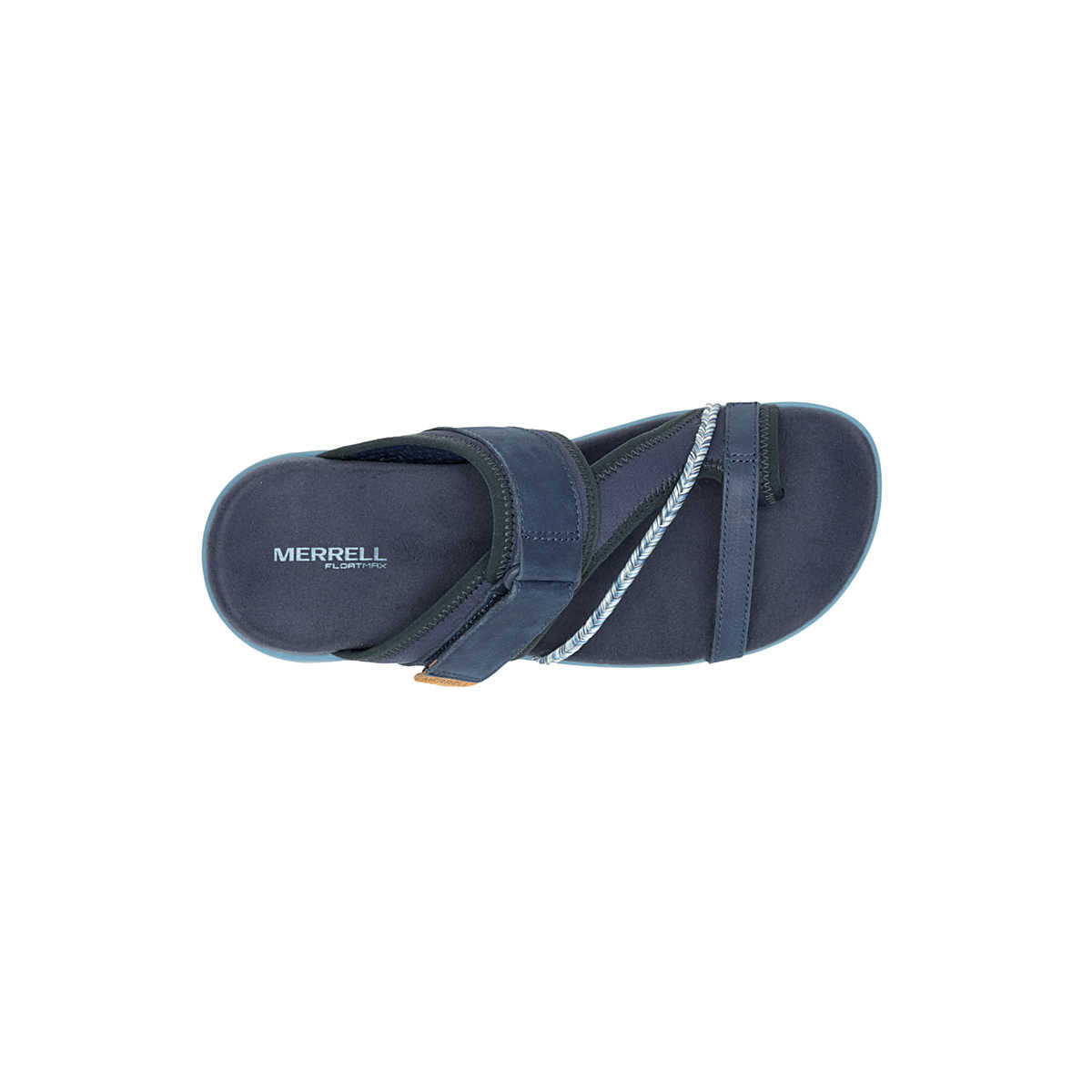A single navy blue Merrell Terran 4 Post Sea sandal viewed from above, featuring an adjustable strap and a gray trim.