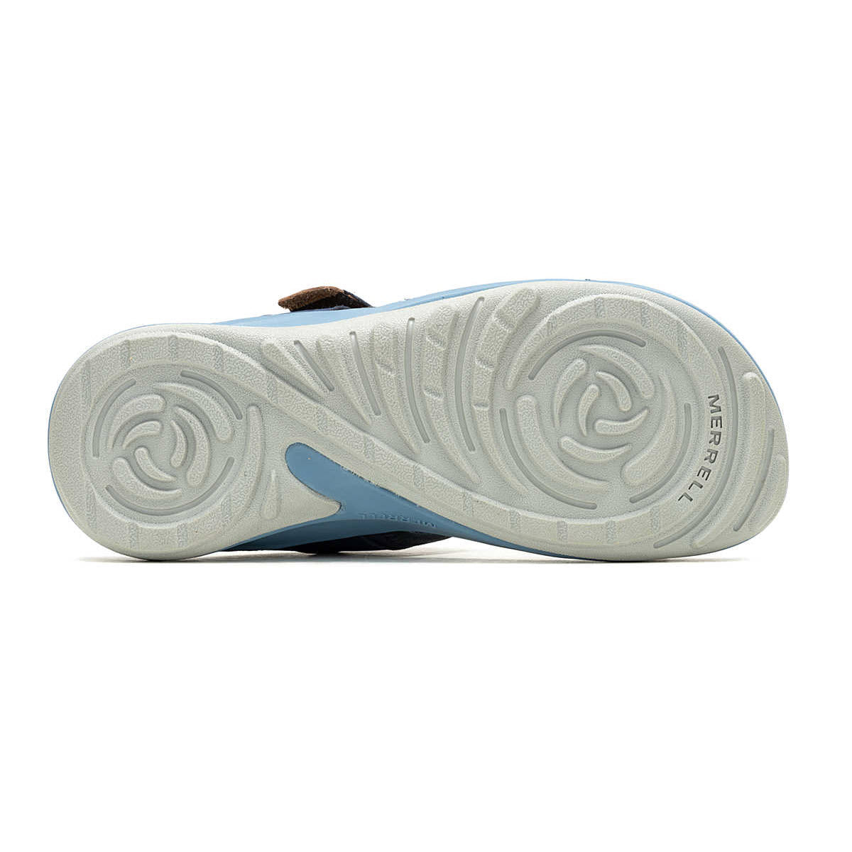 Bottom view of a Merrell Terran 4 Post Sea - Womens shoe showing a detailed tread pattern with circular designs on a beige sole and a blue accent.