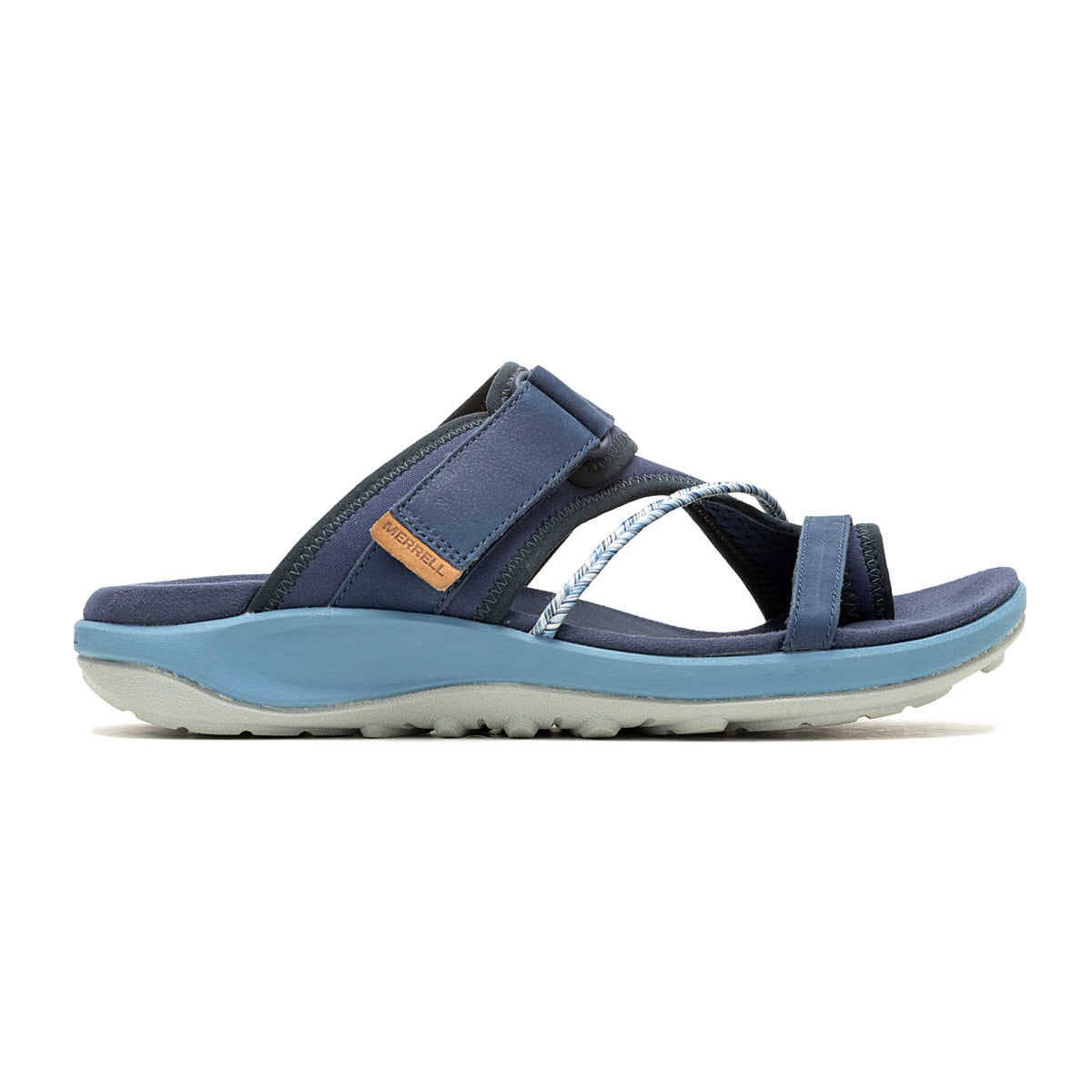 A single blue and gray Merrell Terran 4 Post Sea sport sandal with adjustable straps and a FloatMax™ Foam insole, displayed on a white background.