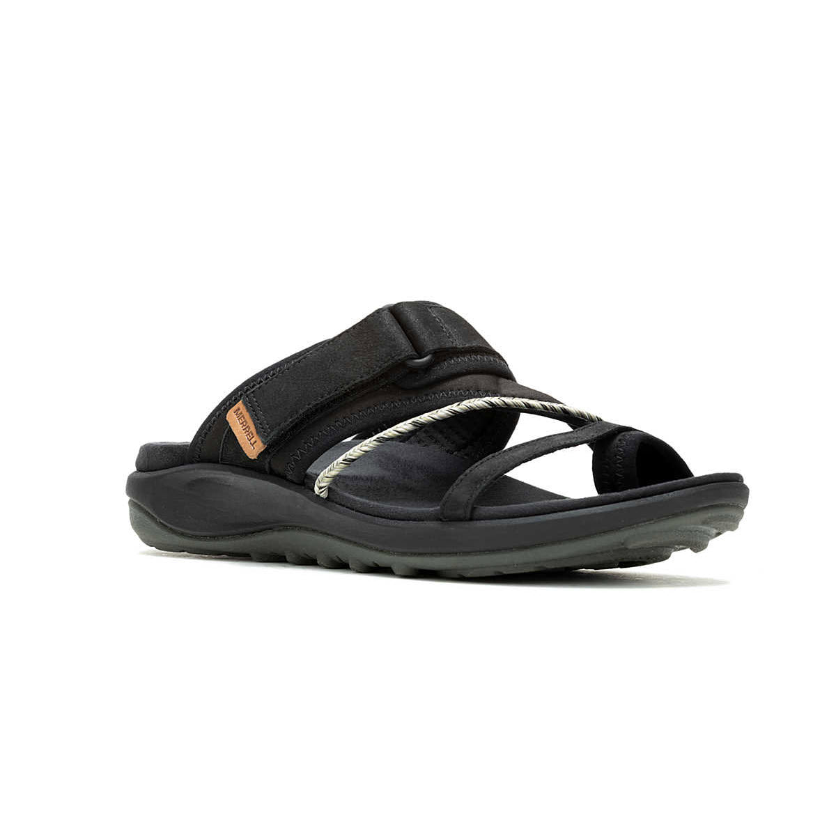 Men&#39;s Merrell Terran 4 Post black sports sandal with a thick sole and adjustable straps, displayed on a white background.