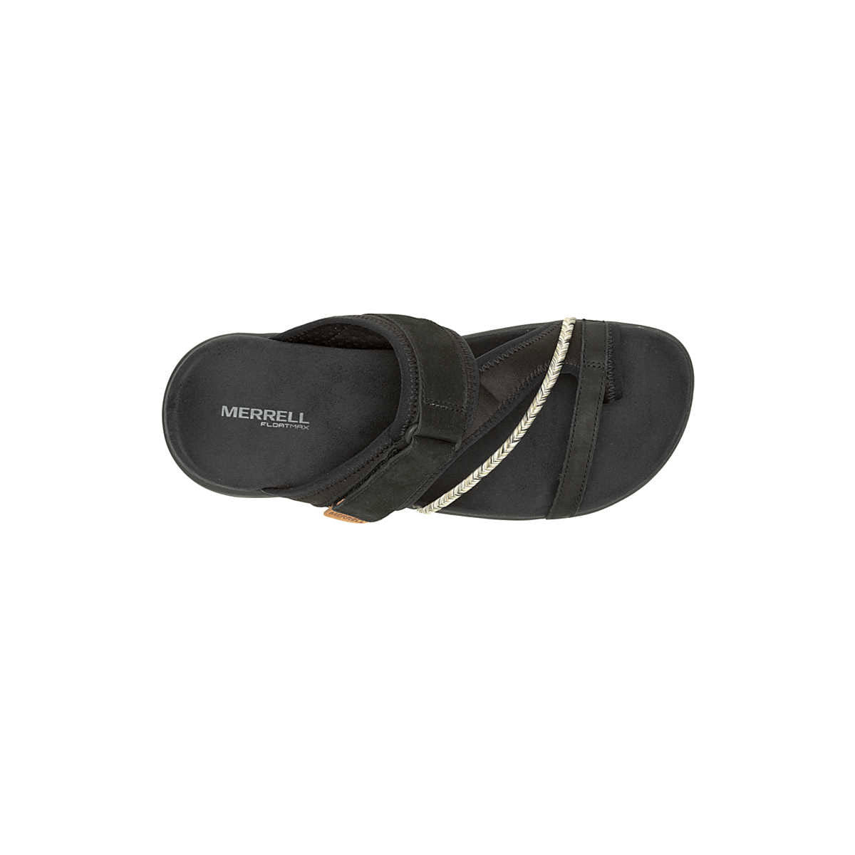 A black Merrell Terran 4 Post sandal with a closed toe and decorative white stitching, viewed from the top on a white background.