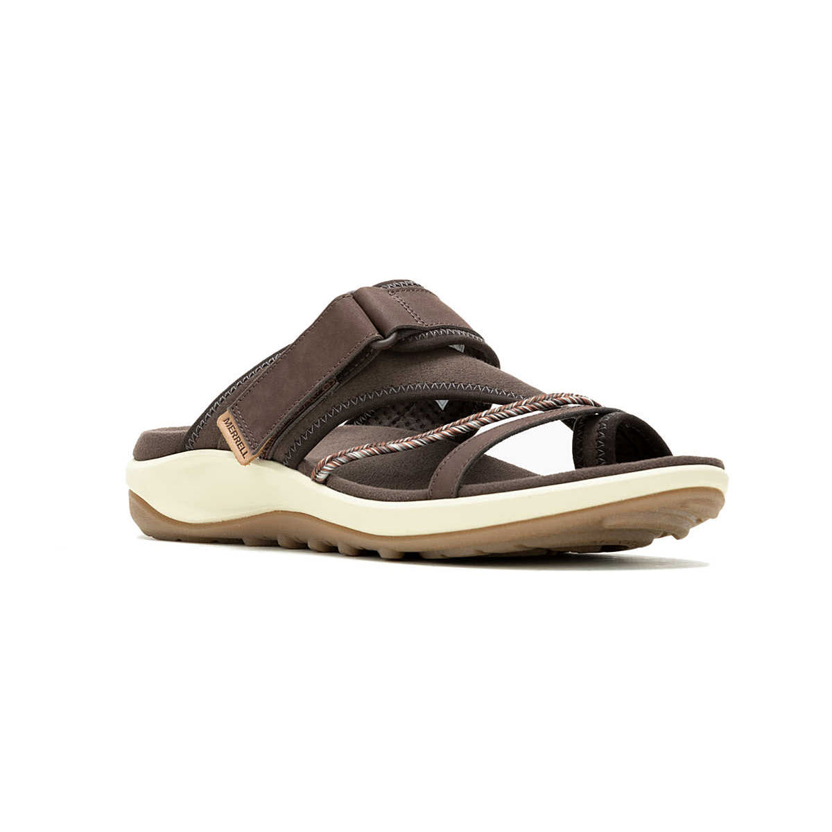 Brown and tan Merrell Terran 4 Slide Bracken sandal with a cushioned sole and multiple straps, displayed against a white background.
