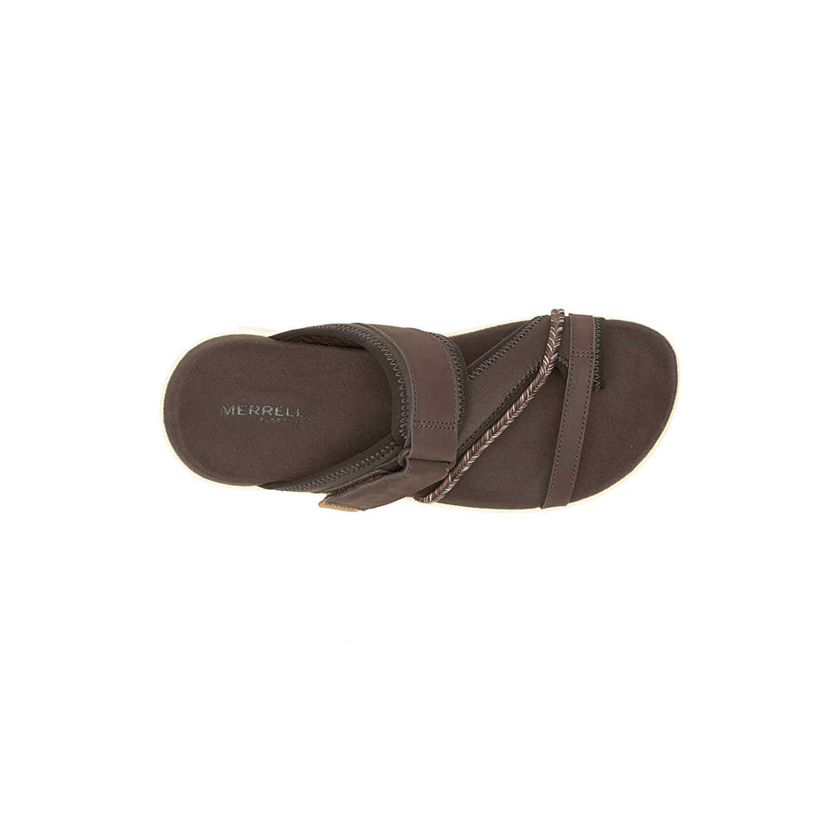 A pair of brown Merrell Terran 4 Slide Bracken sandals with adjustable straps against a white background.