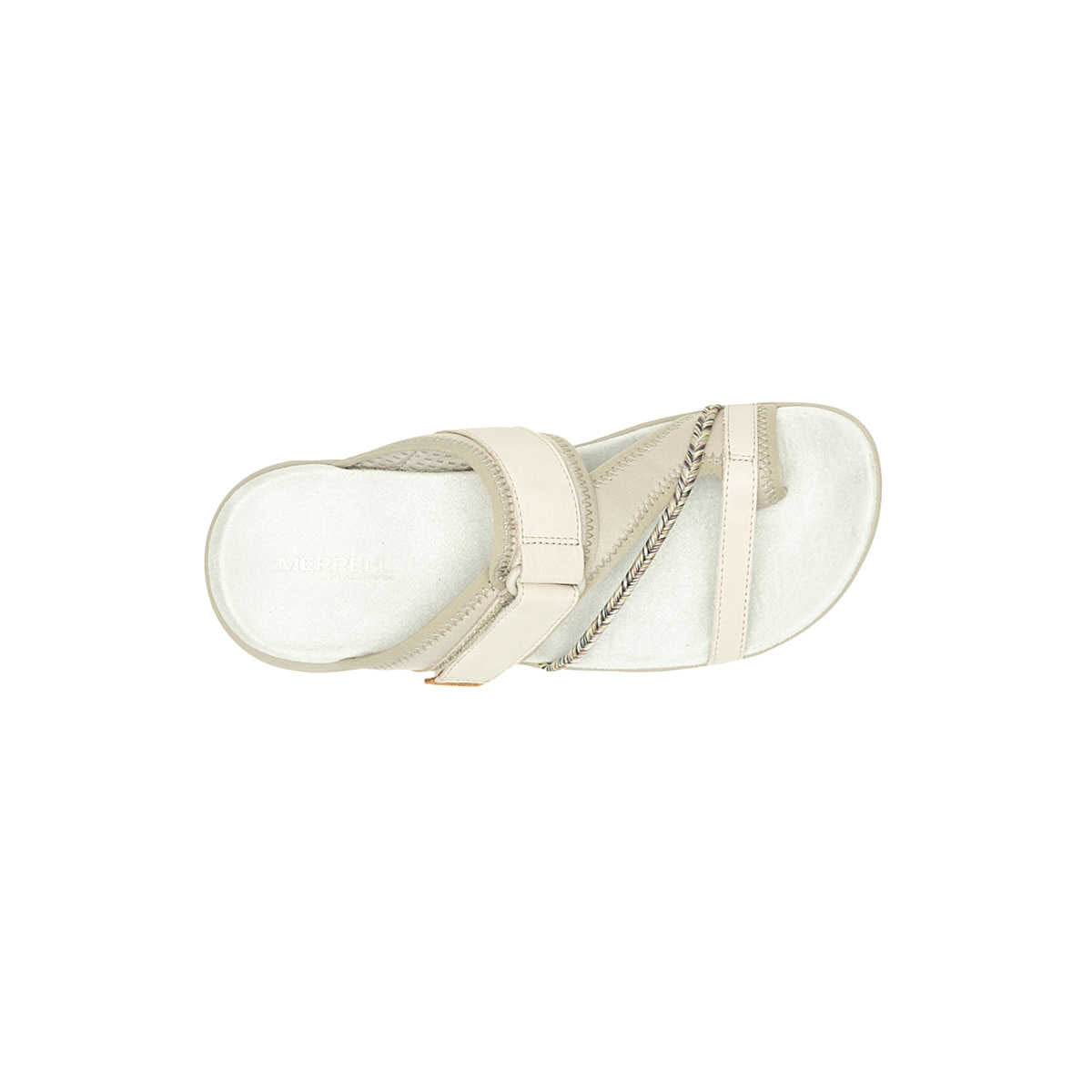 A pair of beige women&#39;s Merrell Terran 4 Slide Incense sandals with a braided detail, adjustable straps, and a buckle closure, viewed from the top on a white background.