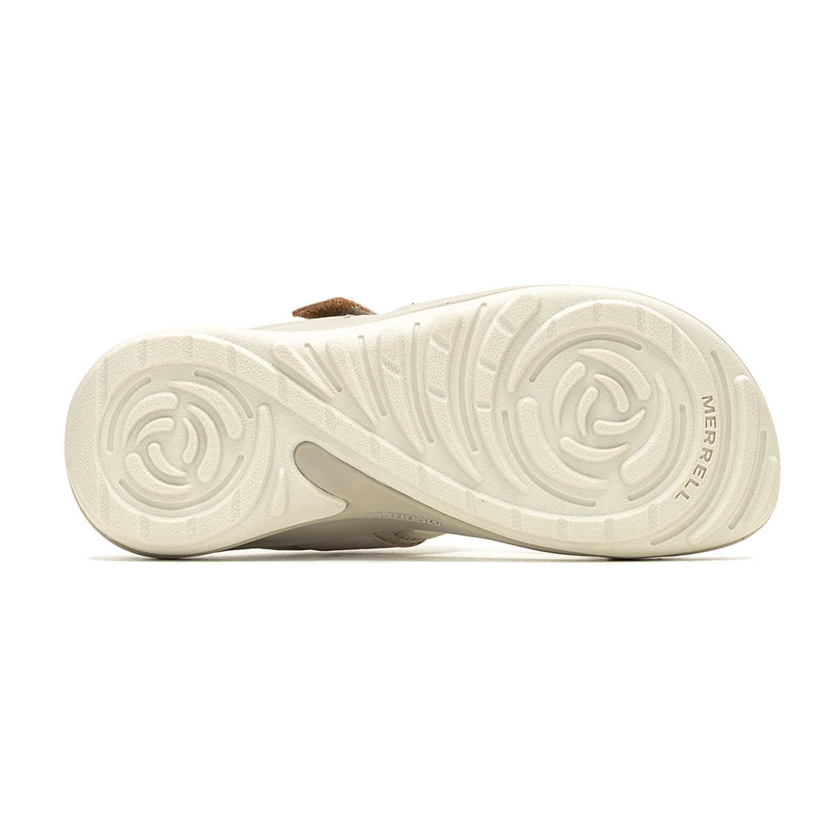 Sole of a beige Merrell Terran 4 Slide Incense sandal displaying a circular patterned tread and the Merrell brand name in the center.