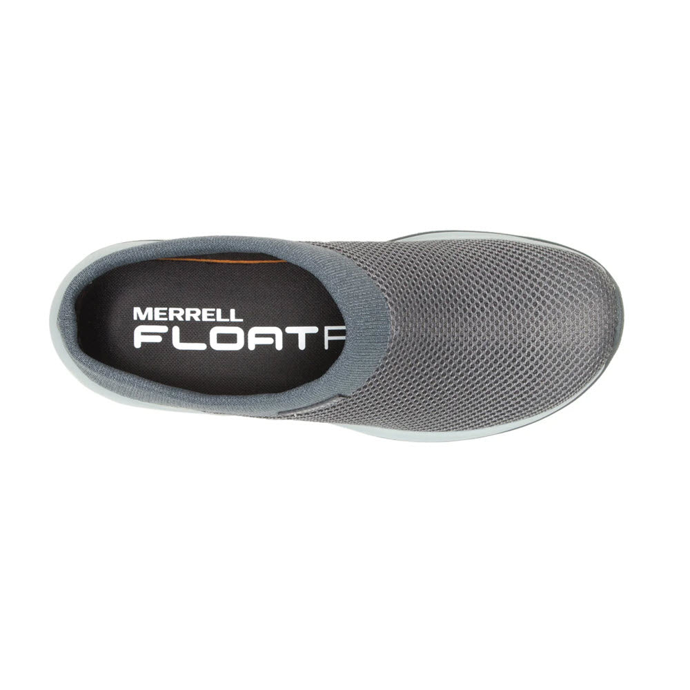 Top view of a gray Merrell Encore Breeze 5 Rock slip-on shoe with the word &quot;float&quot; on the insole.