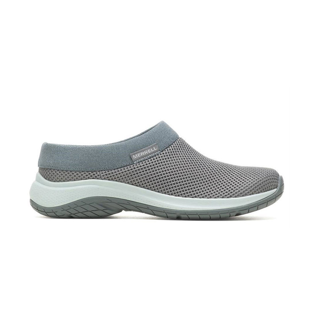 Gray Merrell Encore Breeze 5 slip-on mesh sneaker isolated on a white background. 

Replacing with the given product name and brand name:
Gray Merrell Encore Breeze 5 Rock - Womens slip-on mesh sneaker isolated on a white background.