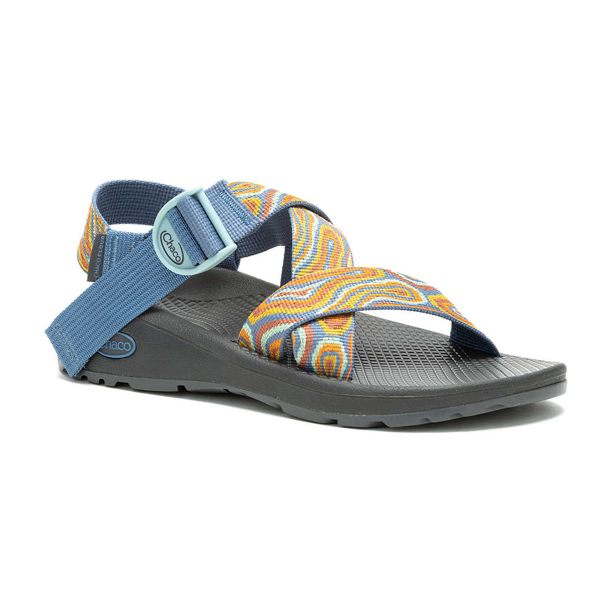 A single Chaco Mega Z/Cloud Agate Baked Clay outdoor sandal with colorful straps, a blue adjustable buckle, and a ChacoGrip rubber outsole on a white background.