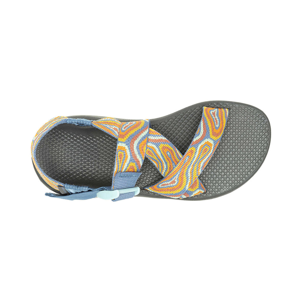 Top view of a colorful, patterned sandal with a Chaco LUVSEAT footbed and Velcro strap on a white background.