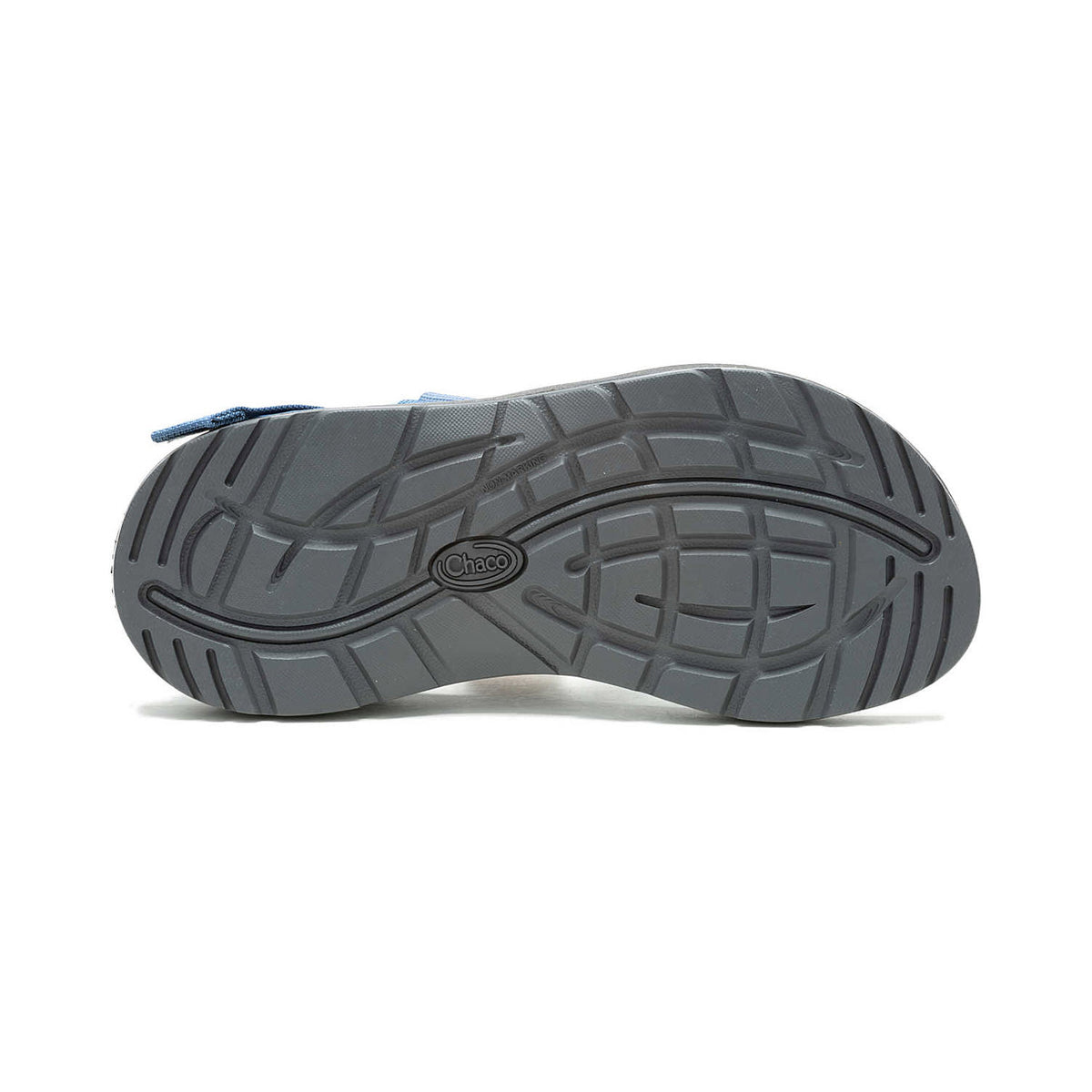 Bottom view of a gray CHACO MEGA Z/CLOUD AGATE BAKED CLAY - WOMENS shoe displaying a ChacoGrip rubber outsole with the brand name &quot;chaco&quot; embossed in the center.