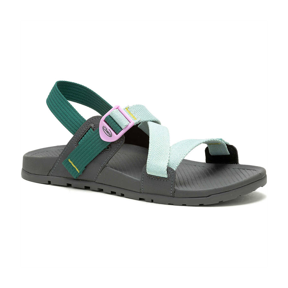 A Chaco Lowdown Sandal in Surf Spray, featuring green and gray straps and a pink circular logo on the top strap, set against a white background.