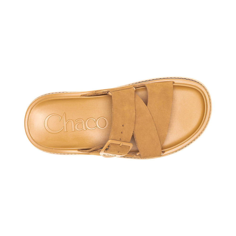 Top view of a single gold Chaco Townes Slide Cashew sandal with adjustable straps and LUVSEAT footbed on a white background.