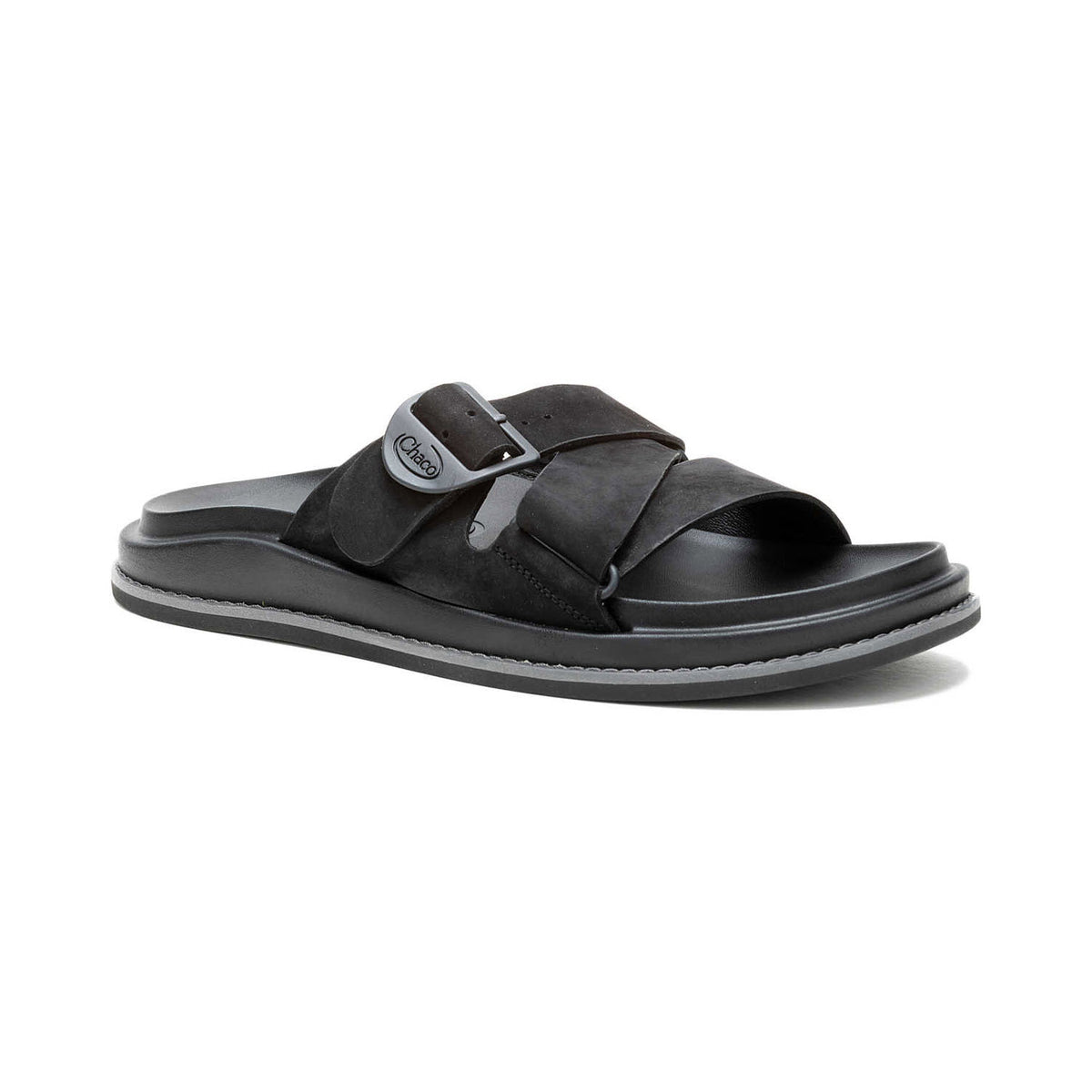 Black leather Chaco Townes Slide sandal with a crisscross design and a round logo on the strap, displayed against a white background.