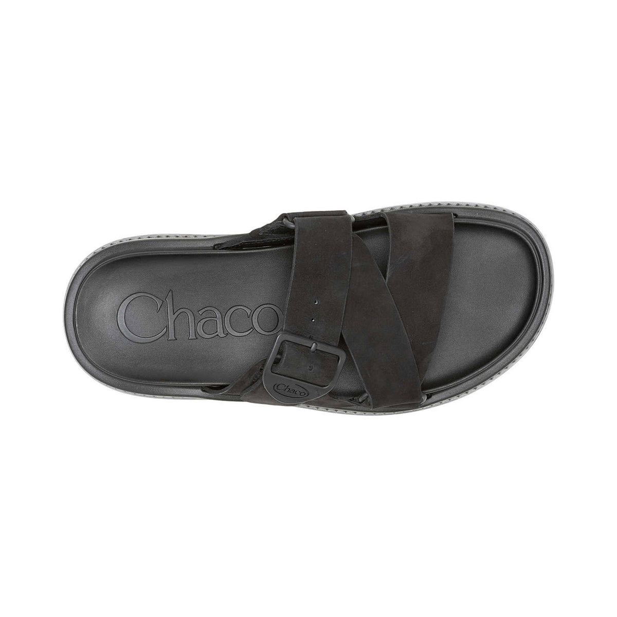 Top view of a single Chaco Townes Slide Black sandal featuring a LUVSEAT footbed with dark straps on a white background.
