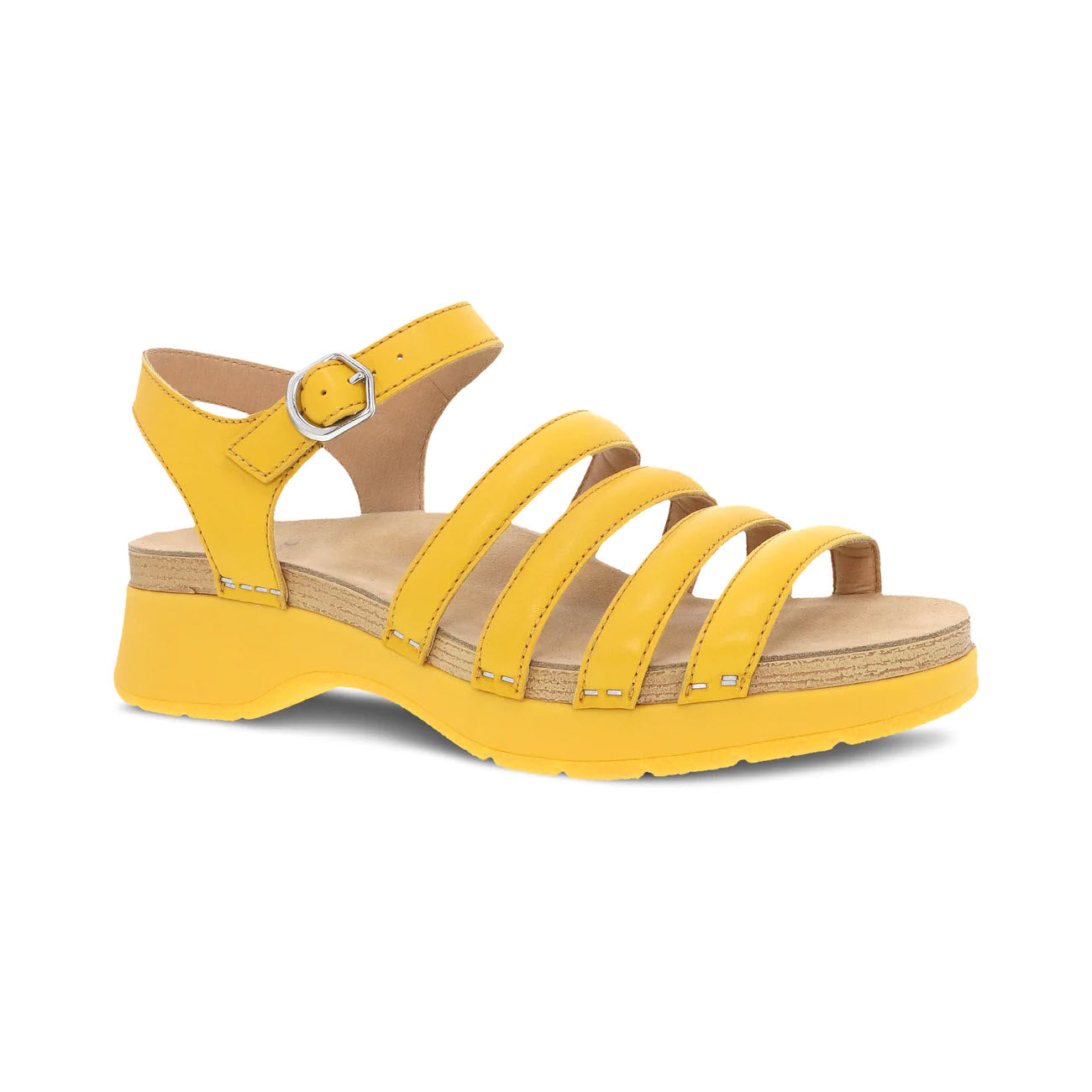Dansko Roxie Yellow strappy sandals with a chunky sole and a single buckle closure, displayed on a white background.