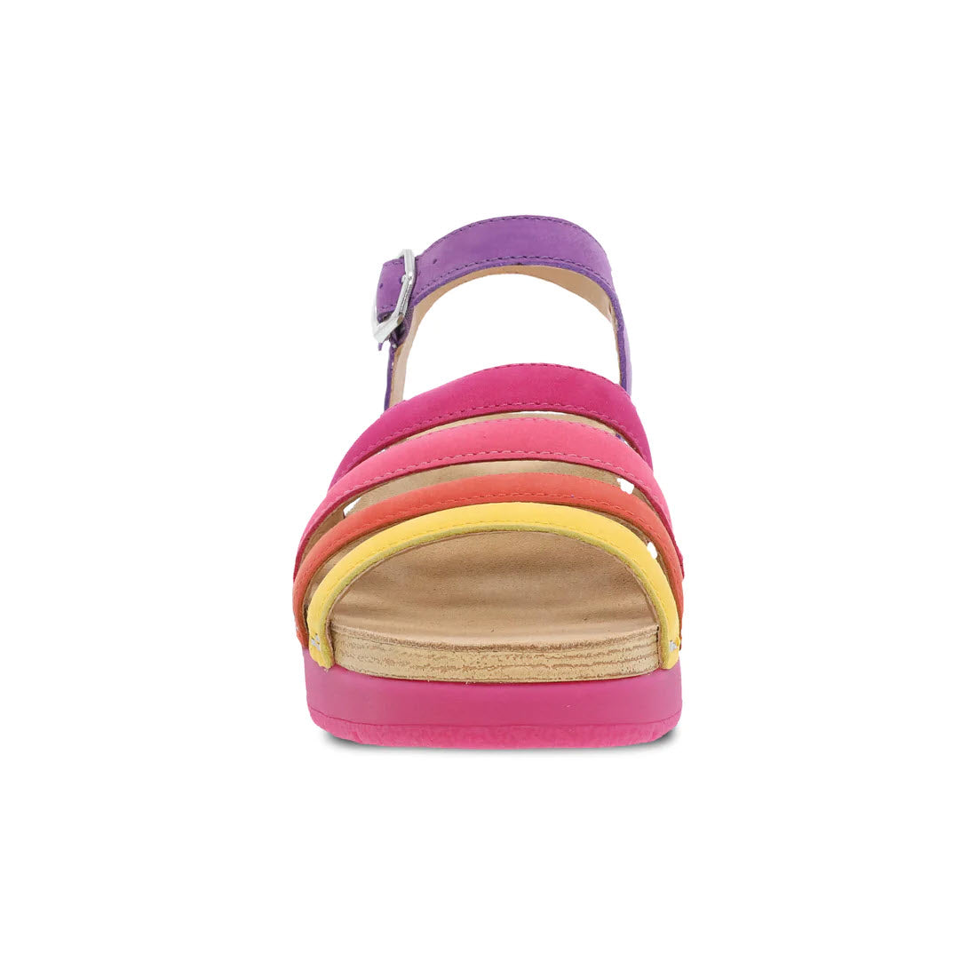A colorful Dansko Roxie Multi sandal with cute colors including pink, yellow, and orange straps viewed from the back, featuring a purple ankle strap and buckle.