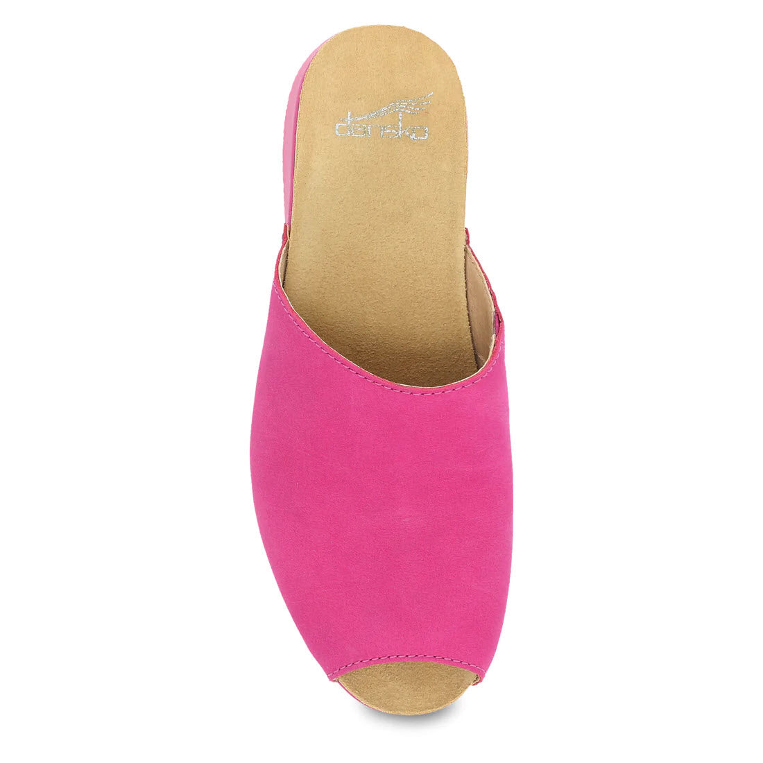 Top view of a vibrant pink Dansko Ravyn mule sandal with an open toe design and flat sole.