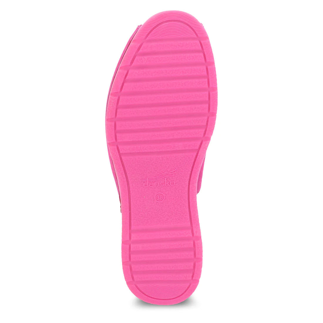 Bottom view of a bright pink Dansko Ravyn Fuchsia peep-toe sandal sole with textured patterns and the brand name &quot;Dansko&quot; embossed on it.
