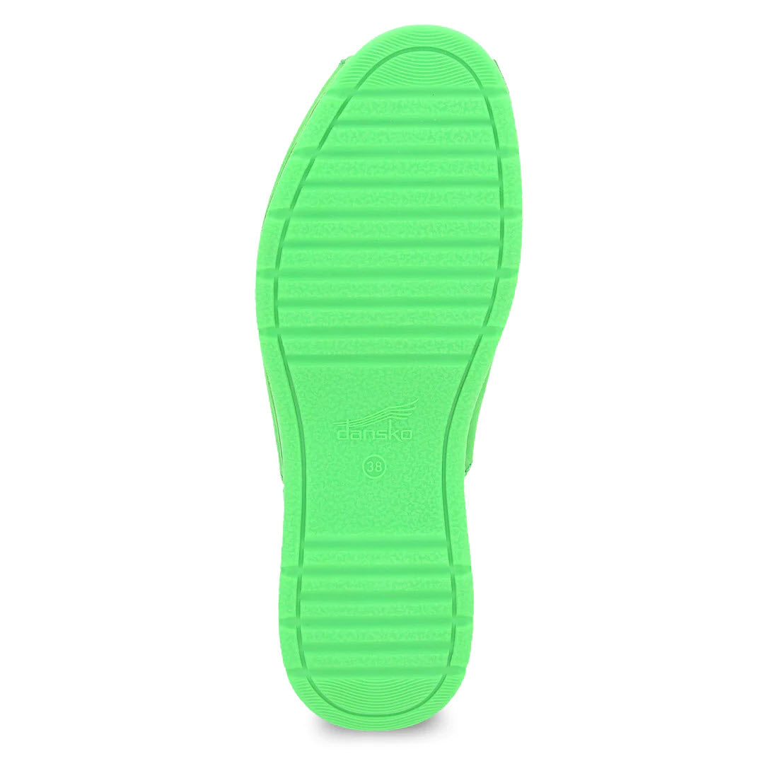 Bright green shoe sole with textured pattern and &quot;Dansko&quot; brand logo embossed at the center, featuring Ravyn stapled construction.