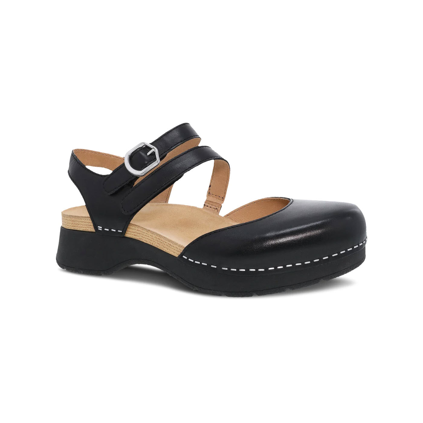 Dansko Rissa Black - Womens leather clog with a closed toe style, an adjustable back strap, and wooden sole, profile view on a white background.