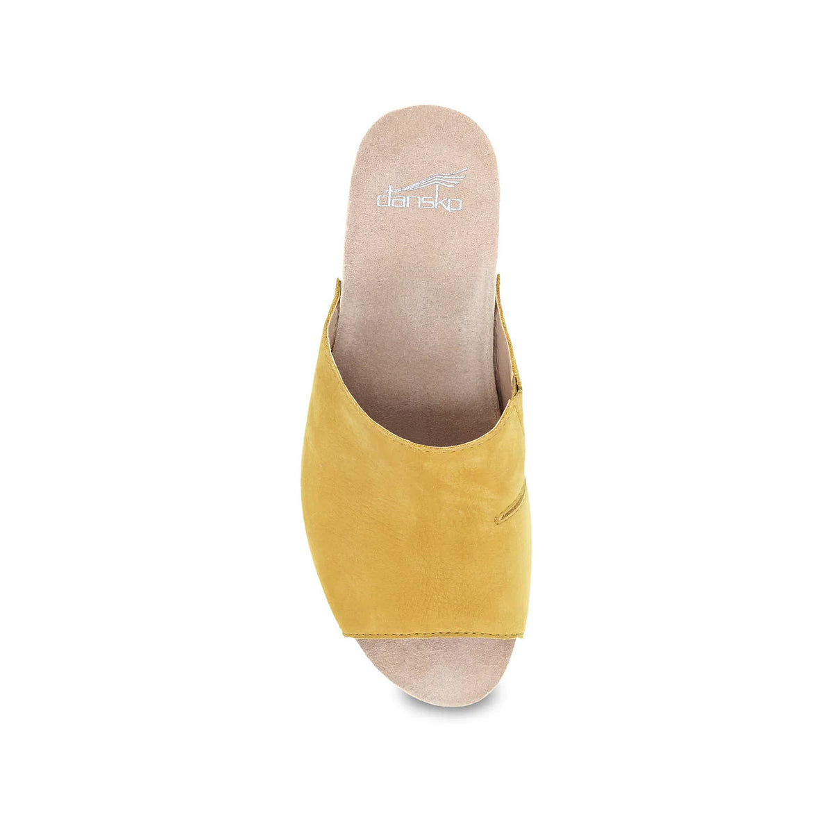 Top view of a single Dansko Tandi yellow sandal with an open toe and a small heel.