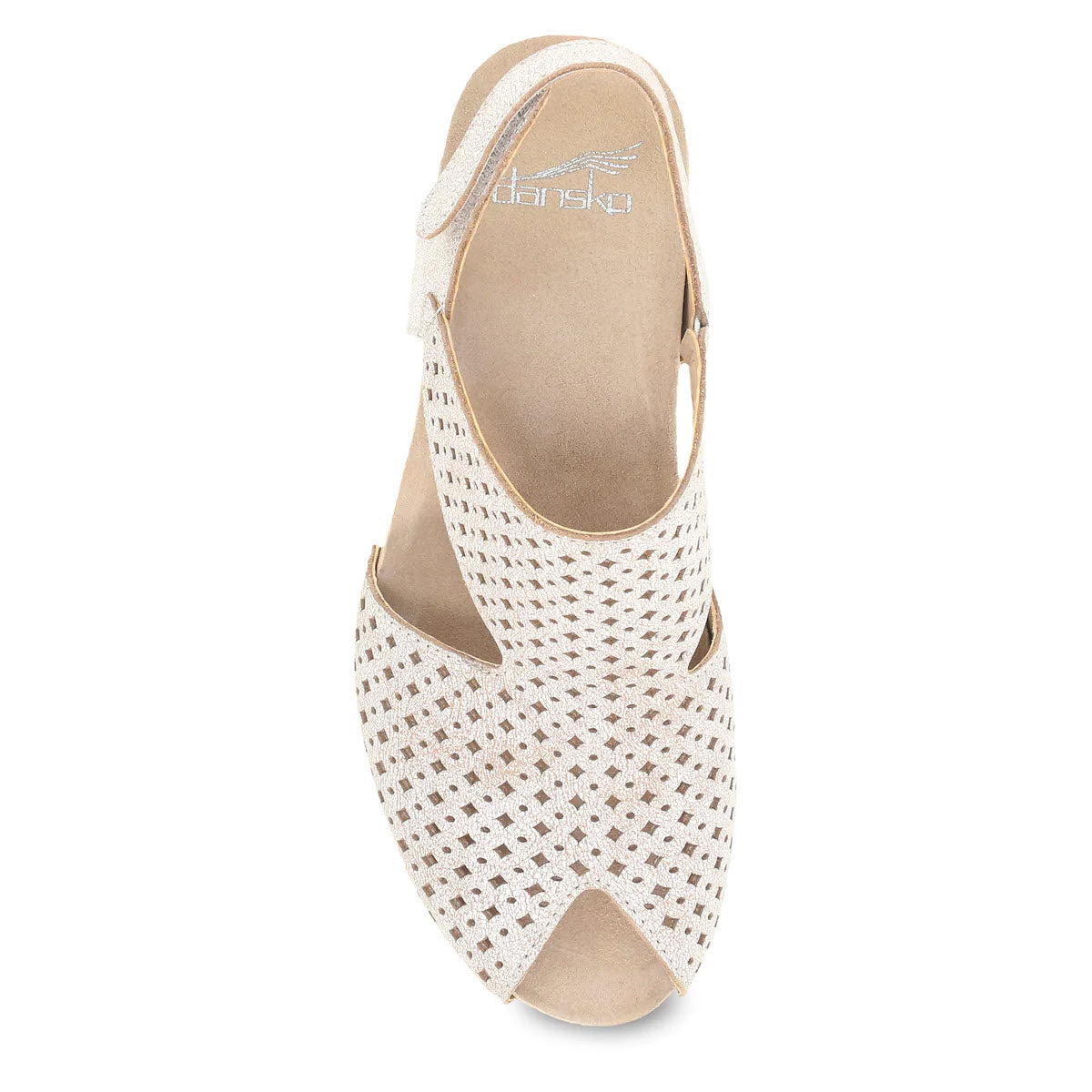 Top view of a beige, perforated Dansko Teagan White Vintage - Women&#39;s heeled slingback with an open toe design and a small buckle at the ankle strap.