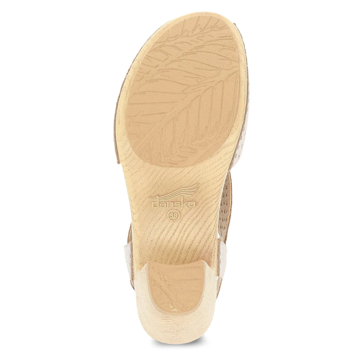 Bottom view of a beige Dansko Teagan heeled slingback displaying the textured sole pattern and brand logo.