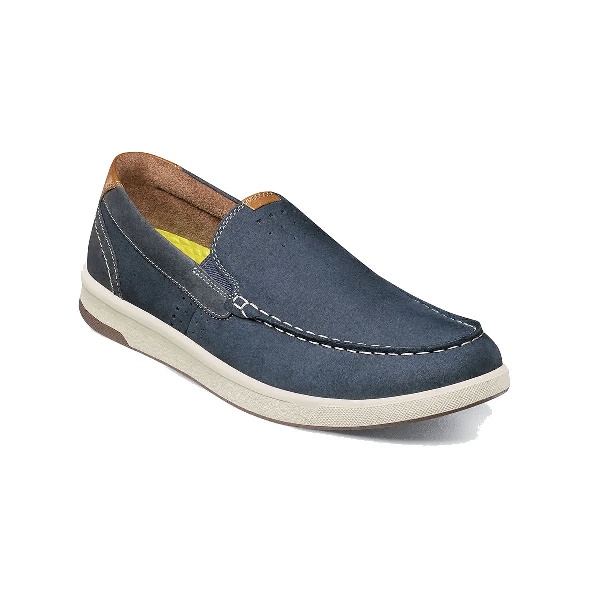 Florsheim navy blue slip-on shoe with white soles and yellow interior, featuring side stitching and a Comfortech footbed.