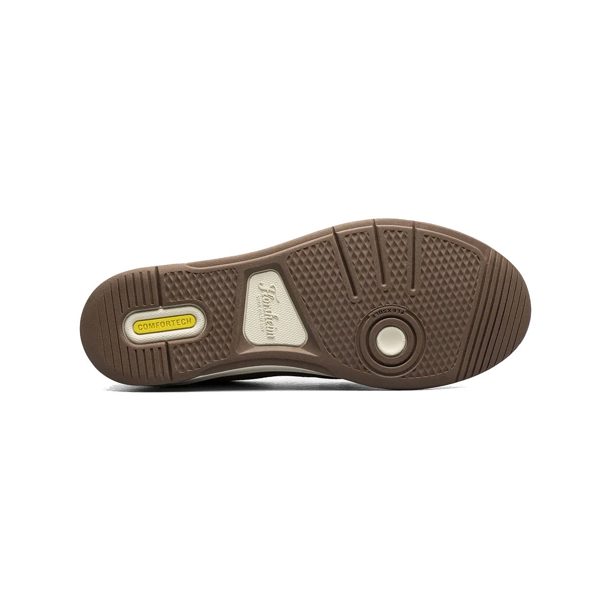 Sole of a Florsheim brown shoe featuring textured patterns, a circular logo in the middle, and an embossed &quot;Comfortech footbed&quot; tag.
