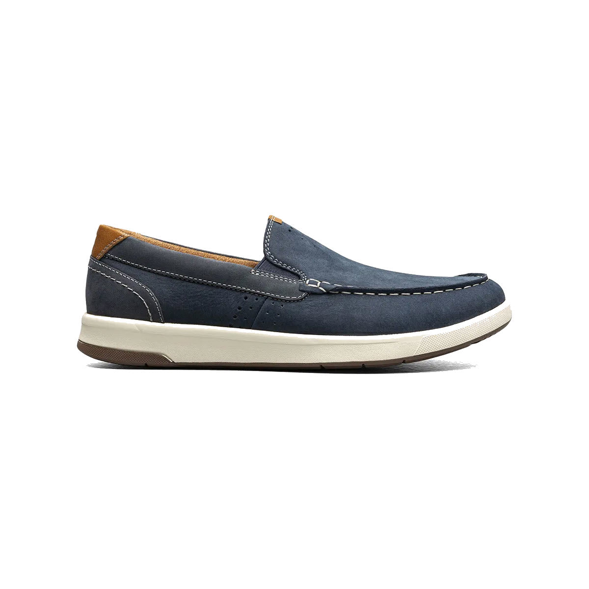 A Florsheim navy nubuck leather slip-on loafer with white soles and a brown leather accent on the heel, displayed against a white background.