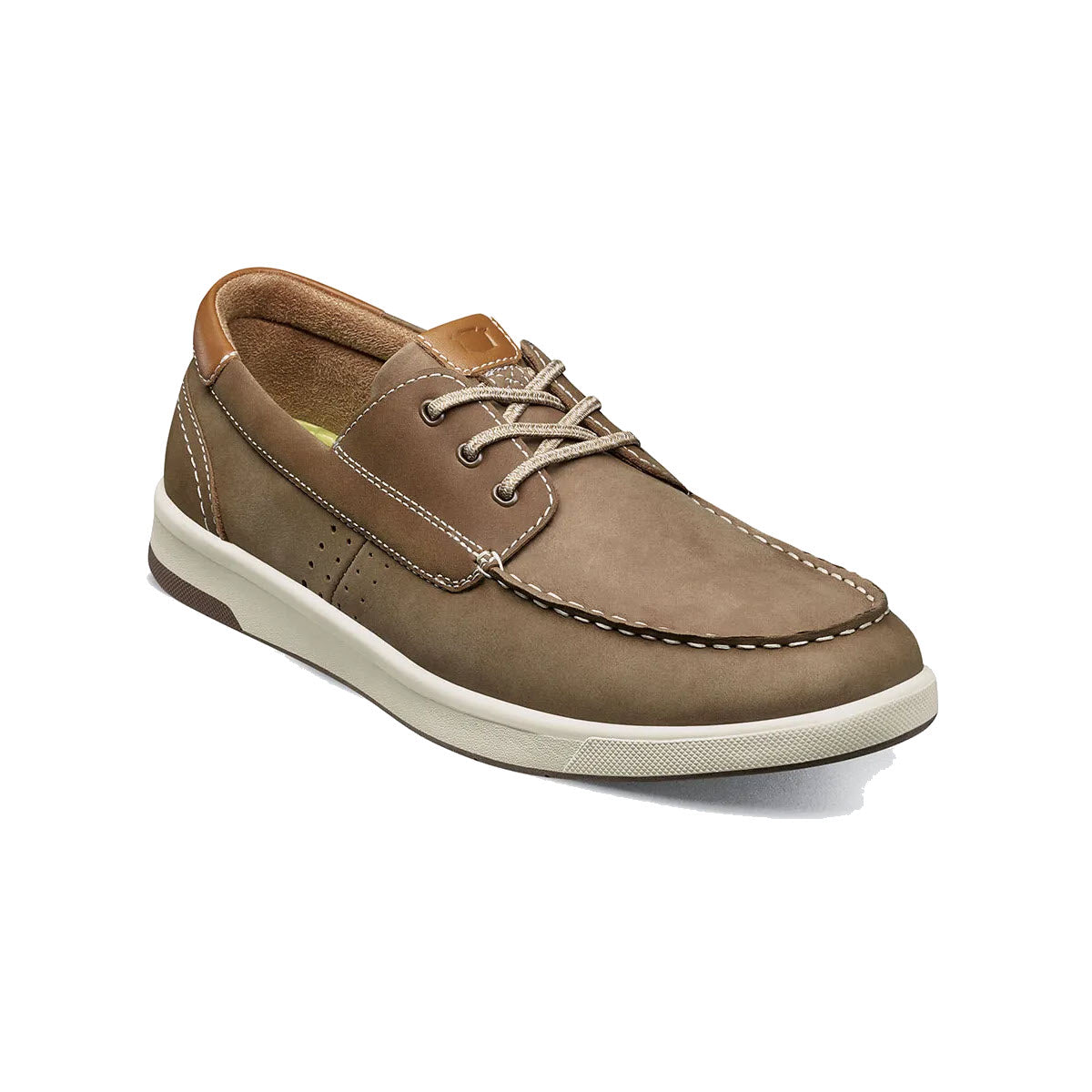 A single Florsheim Crossover Moc Toe Boat Shoe Mushroom Nubuck with white laces and a white sole against a plain white background.