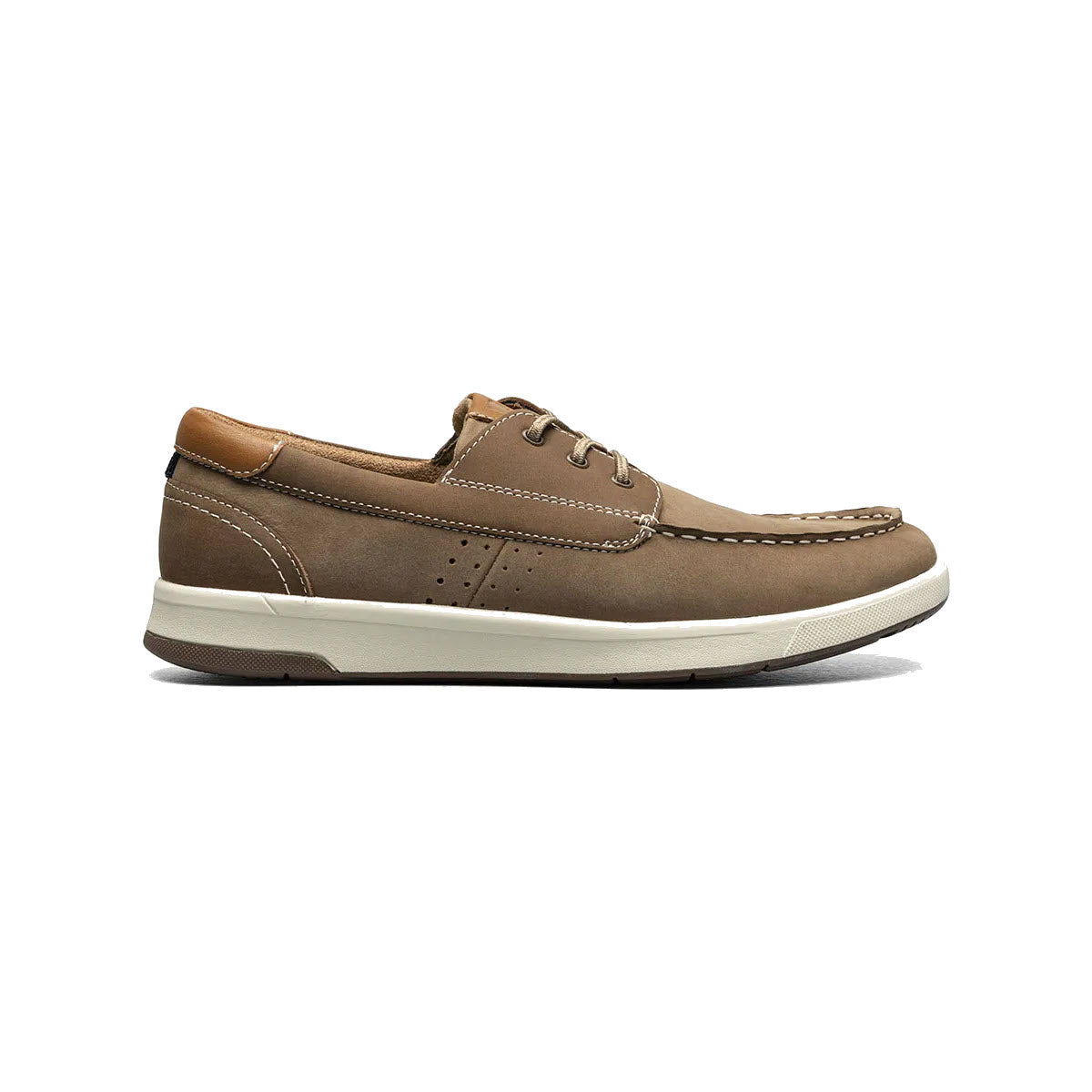A single Florsheim Crossover Moc Toe boat shoe in mushroom nubuck leather with white soles and laces, isolated on a white background.