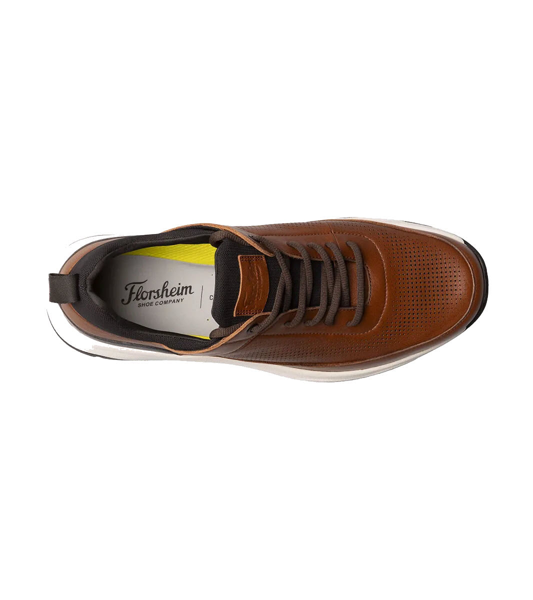 Top view of a brown men&#39;s Florsheim FLORSHEIM SATELLITE PERF ELASTIC LACE SLIP ON SNEAKER with white sole and a logo on the Comfortech footbed.