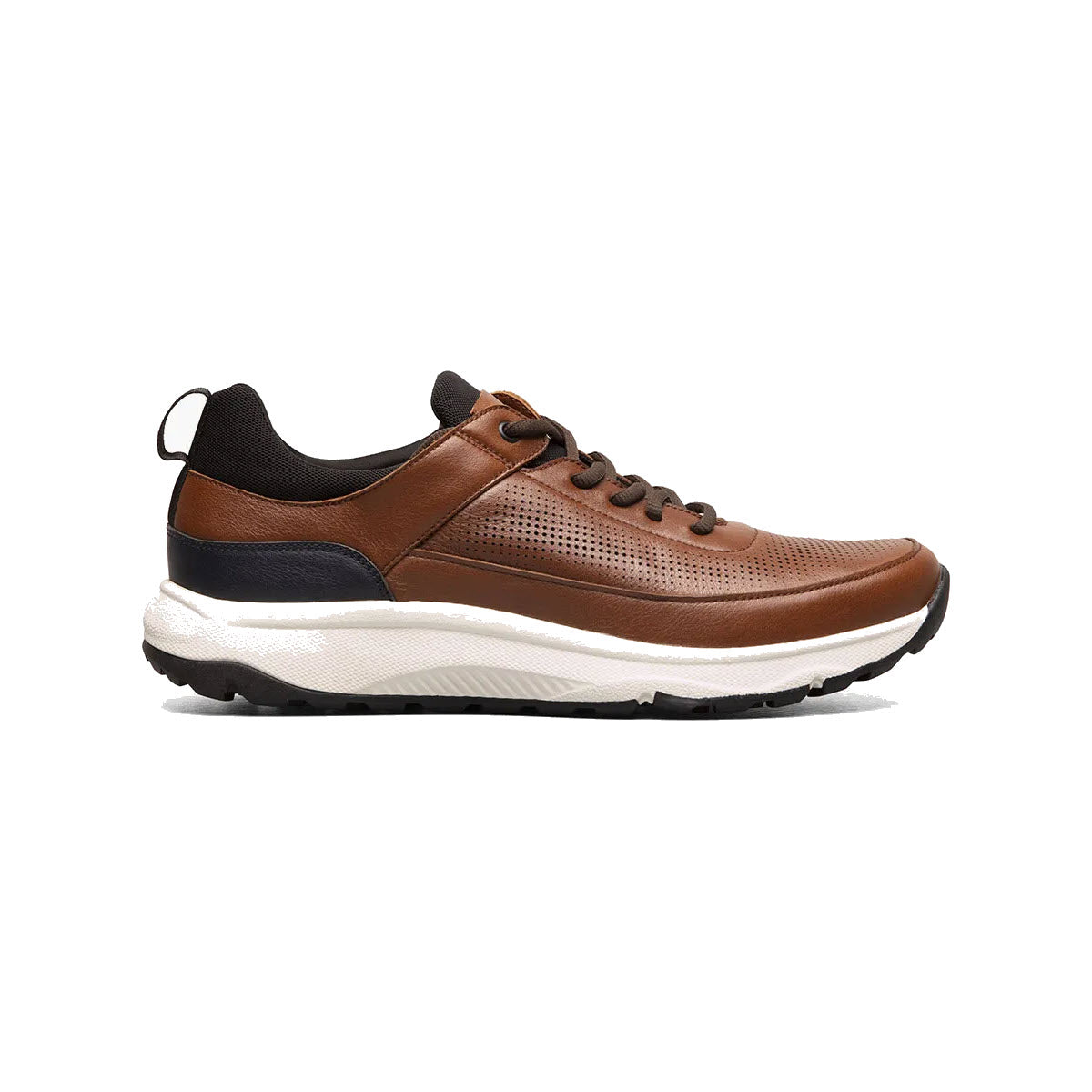 A single Florsheim FLORSHEIM SATELLITE PERF ELASTIC LACE SLIP ON SNEAKER COGNAC - MENS featuring brown leather, white soles, black accents, and a Comfortech footbed on a white background.