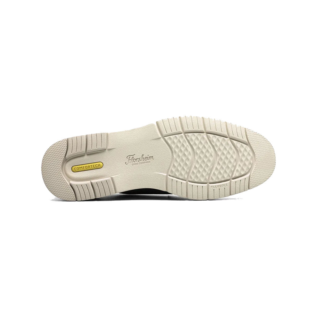 Sole of a light beige Florsheim VIBE KNIT PLAIN TOE OXFORD NAVY dress shoe displaying tread patterns and Comfortech footbed imprints, isolated on a white background.