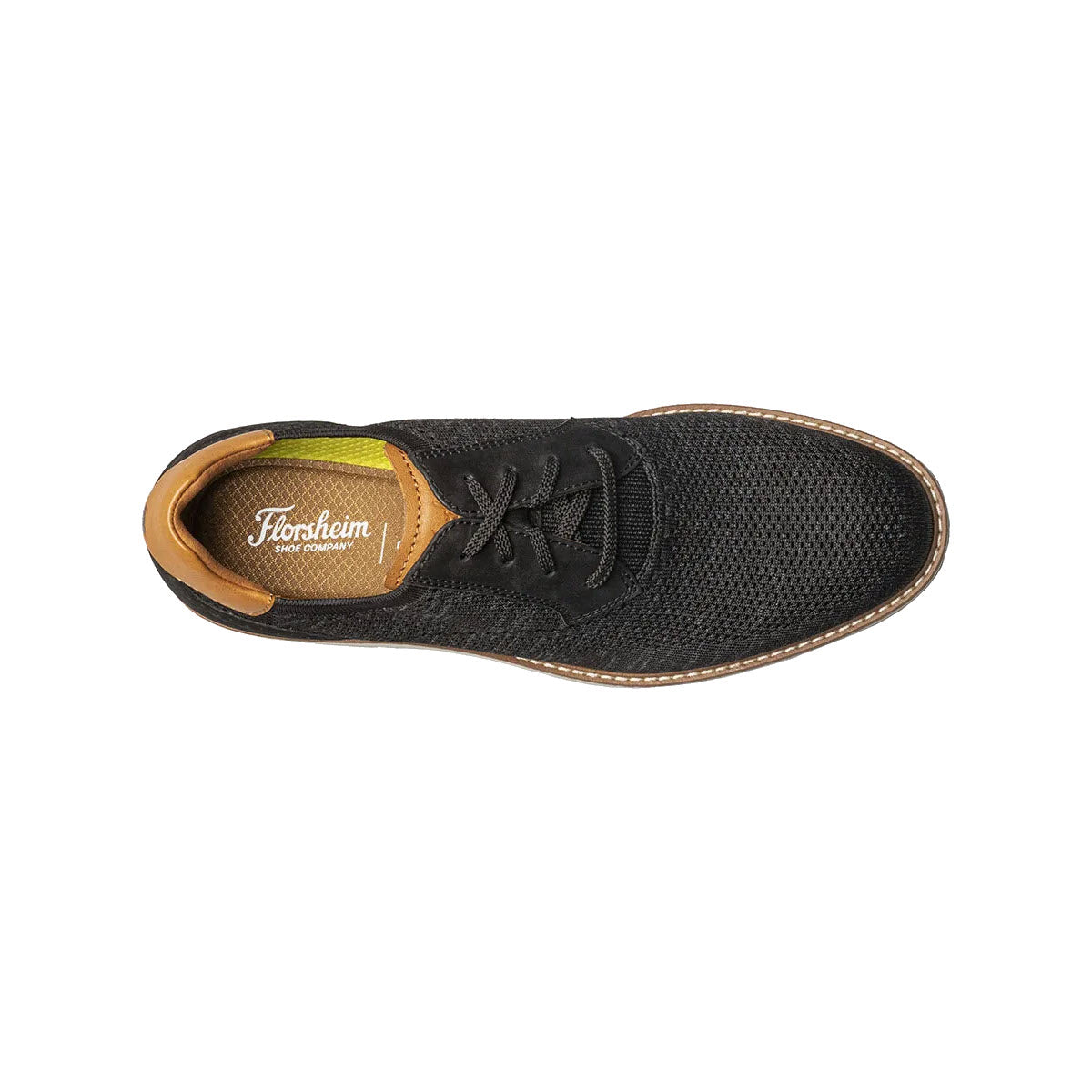 Florsheim FLORSHEIM VIBE KNIT PLAIN TOE OXFORD BLACK - MENS knit oxford casual shoe with laces, viewed from above on a white background.